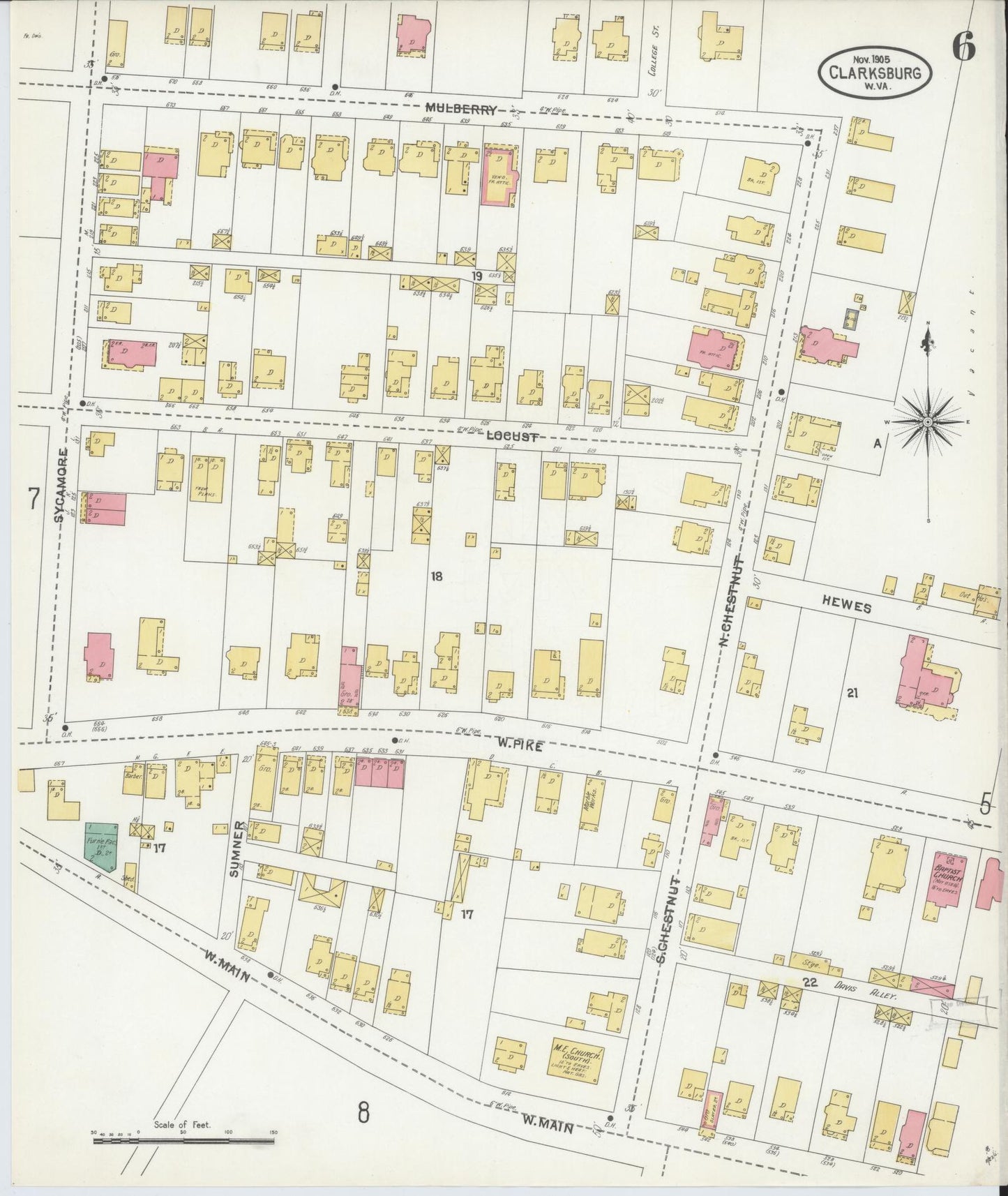Sanborn Fire Insurance Map from Clarksburg, Harrison County, West Virginia (1905), Sheet #0006 - Complete Map Set gallery image, historic Sanborn map, vintage wall art, West Virginia West Virginia