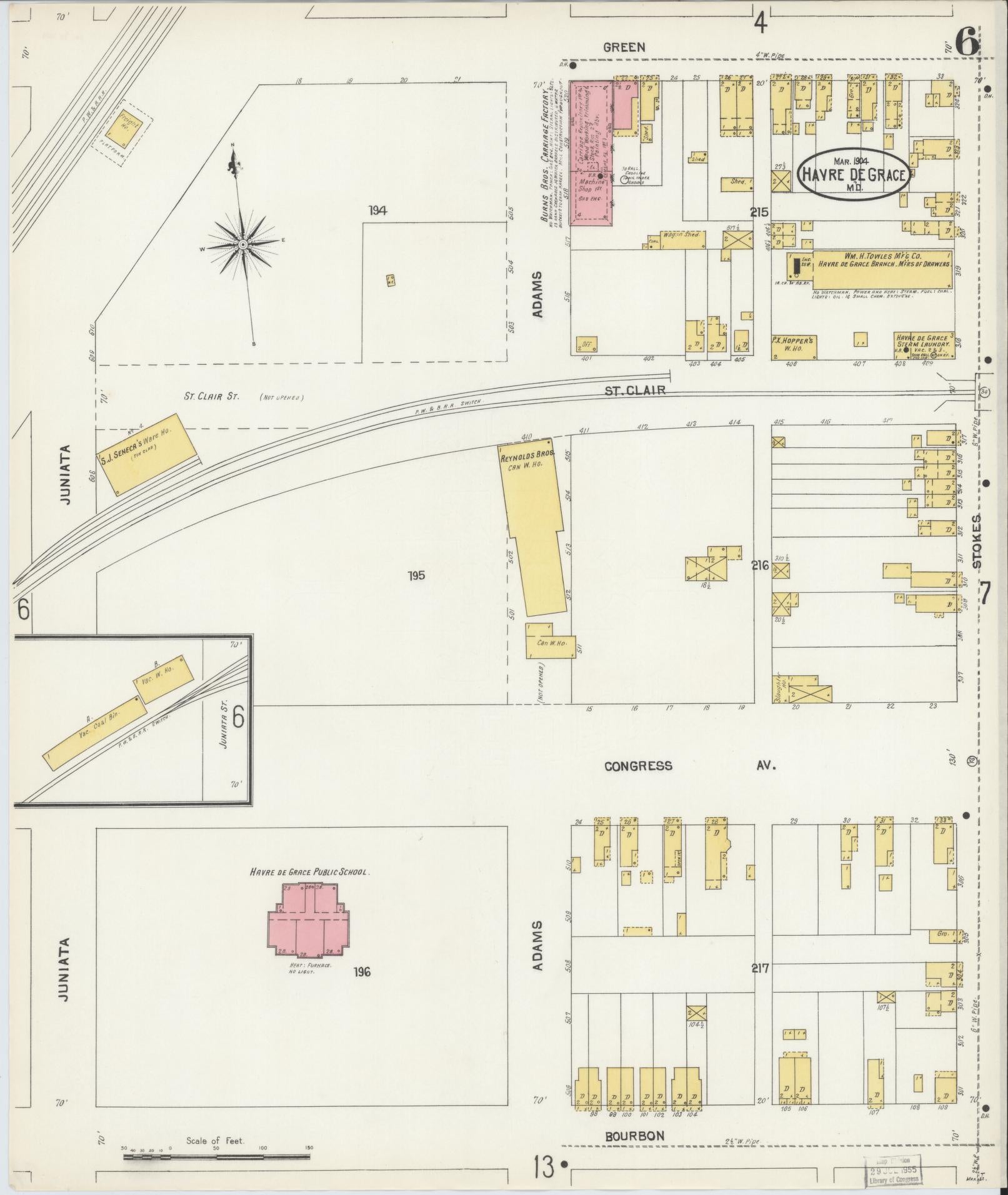 Sanborn Fire Insurance Map from Havre De Grace, Harford County, Maryland (1904), Sheet #0006 - Historic Sanborn Fire Insurance Map Print, vintage old map wall art