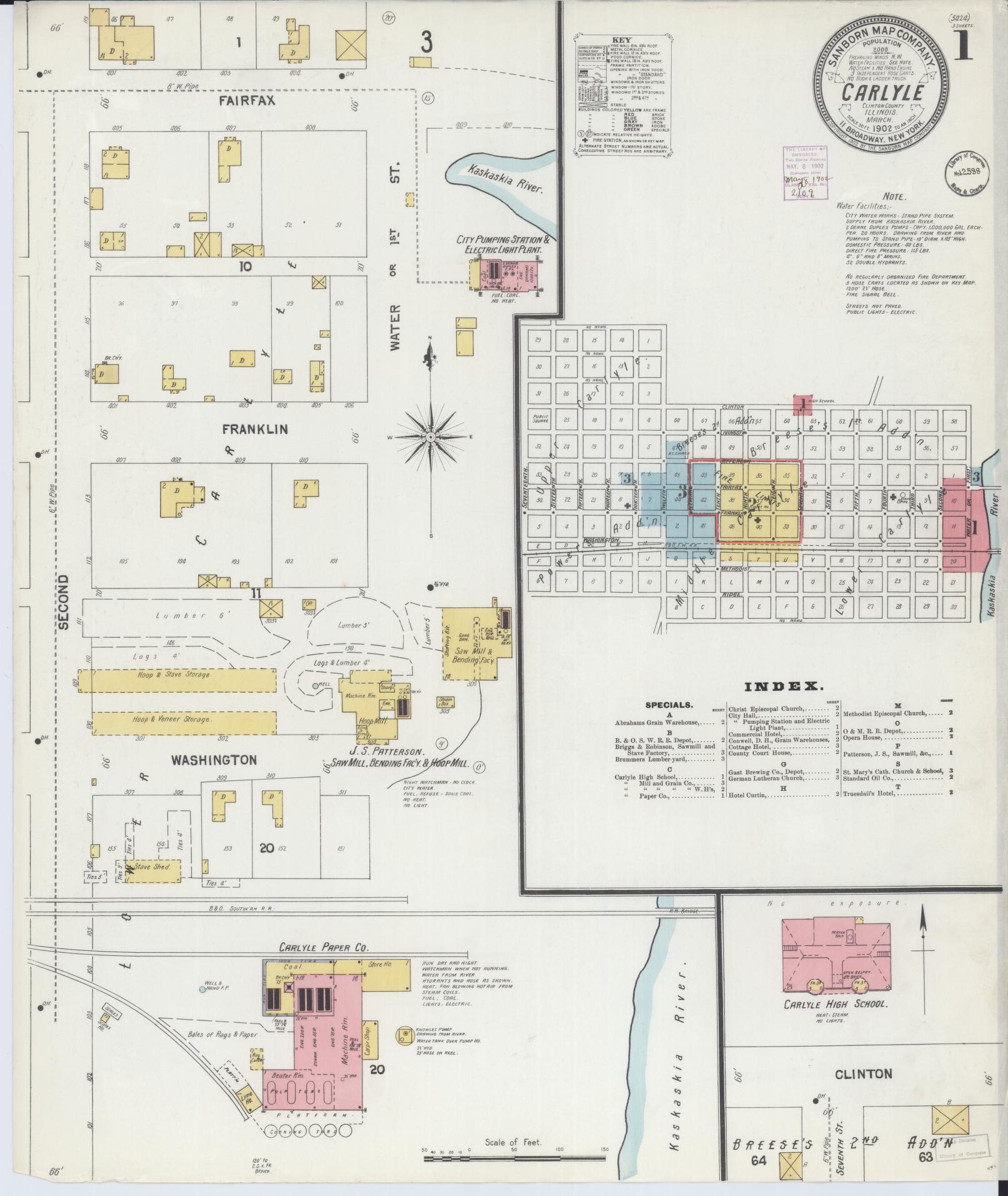 Sanborn Fire Insurance Map from Carlyle, Clinton County, Illinois (1902), Sheet #0001 - Historic Sanborn Fire Insurance Map Print, vintage old map wall art, antique decor, genealogy gift, Illinois Illinois map