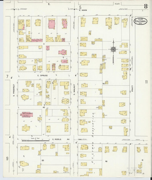 Sanborn Fire Insurance Map from Ravenna, Portage County, Ohio (1911), Sheet #0008 - Historic Sanborn Fire Insurance Map Print, vintage old map wall art, antique decor, genealogy gift, Ohio Ohio map