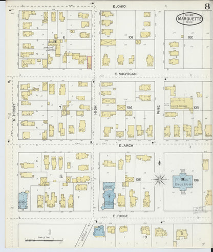 Sanborn Fire Insurance Map from Marquette, Marquette County, Michigan (1892), Sheet #0008 - Historic Sanborn Fire Insurance Map Print, vintage old map wall art, antique decor, genealogy gift, Michigan Michigan map