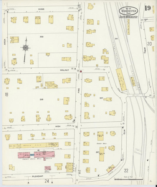 Sanborn Fire Insurance Map from Manchester, Hartford County, Connecticut (1911), Sheet #0019 - Historic Sanborn Fire Insurance Map Print, vintage old map wall art, antique decor, genealogy gift, Connecticut Connecticut map