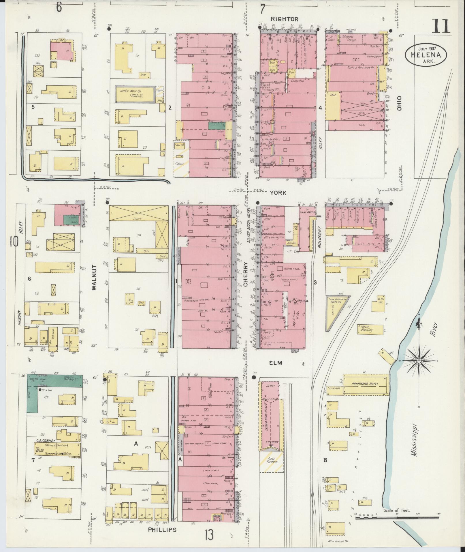 Sanborn Fire Insurance Map from Helena, Phillips County, Arkansas (1907), Sheet #0011 - Complete Map Set gallery image, historic Sanborn map, vintage wall art, Arkansas Arkansas