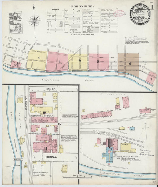 Sanborn Fire Insurance Map from Marietta, Lancaster County, Pennsylvania (1891), Sheet #0001 - Historic Sanborn Fire Insurance Map Print, vintage old map wall art, antique decor, genealogy gift, Pennsylvania Pennsylvania map