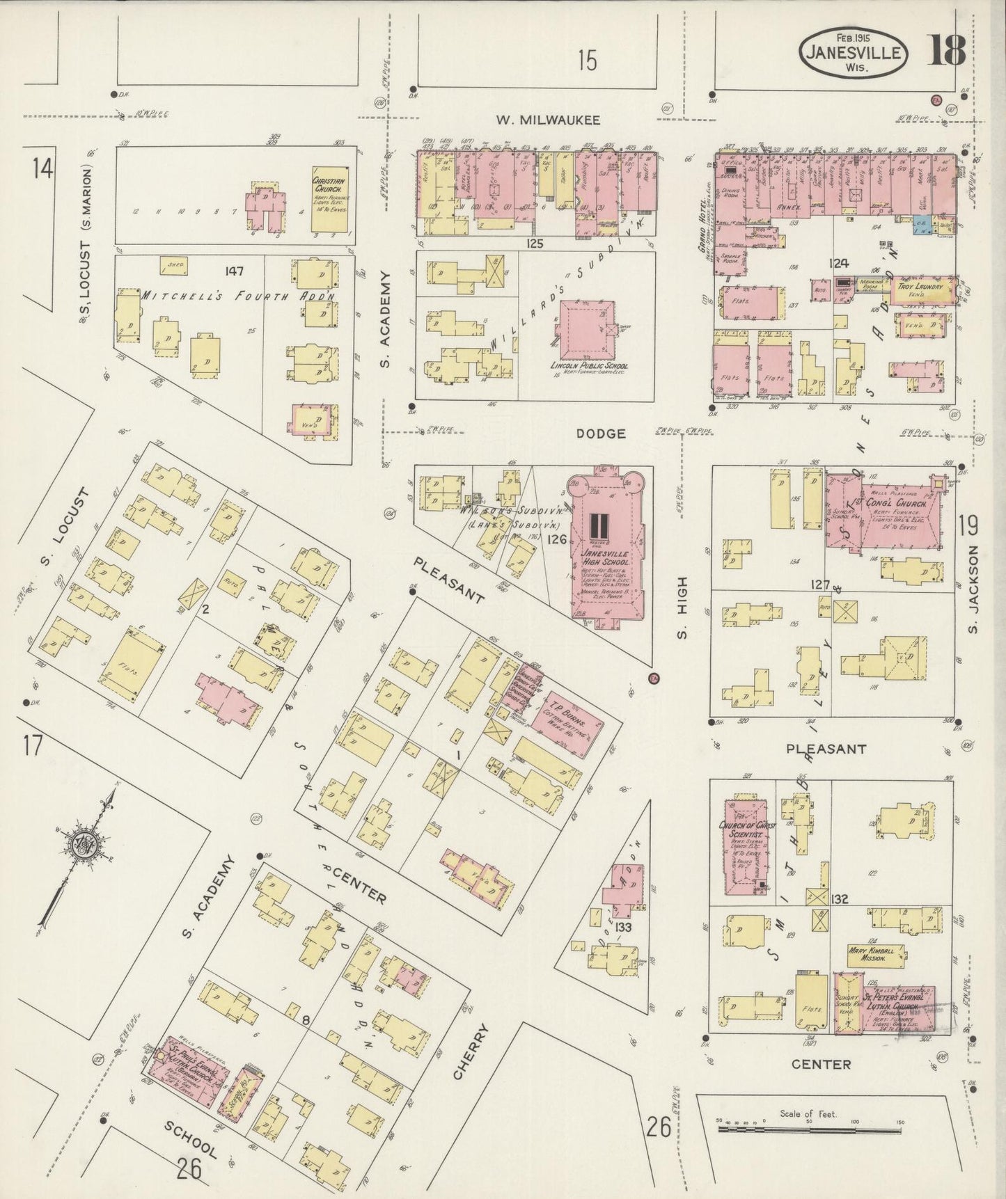 Sanborn Fire Insurance Map from Janesville, Rock County, Wisconsin (1915), Sheet #0018 - Historic Sanborn Fire Insurance Map Print, vintage old map wall art, antique decor, genealogy gift, Wisconsin Wisconsin map
