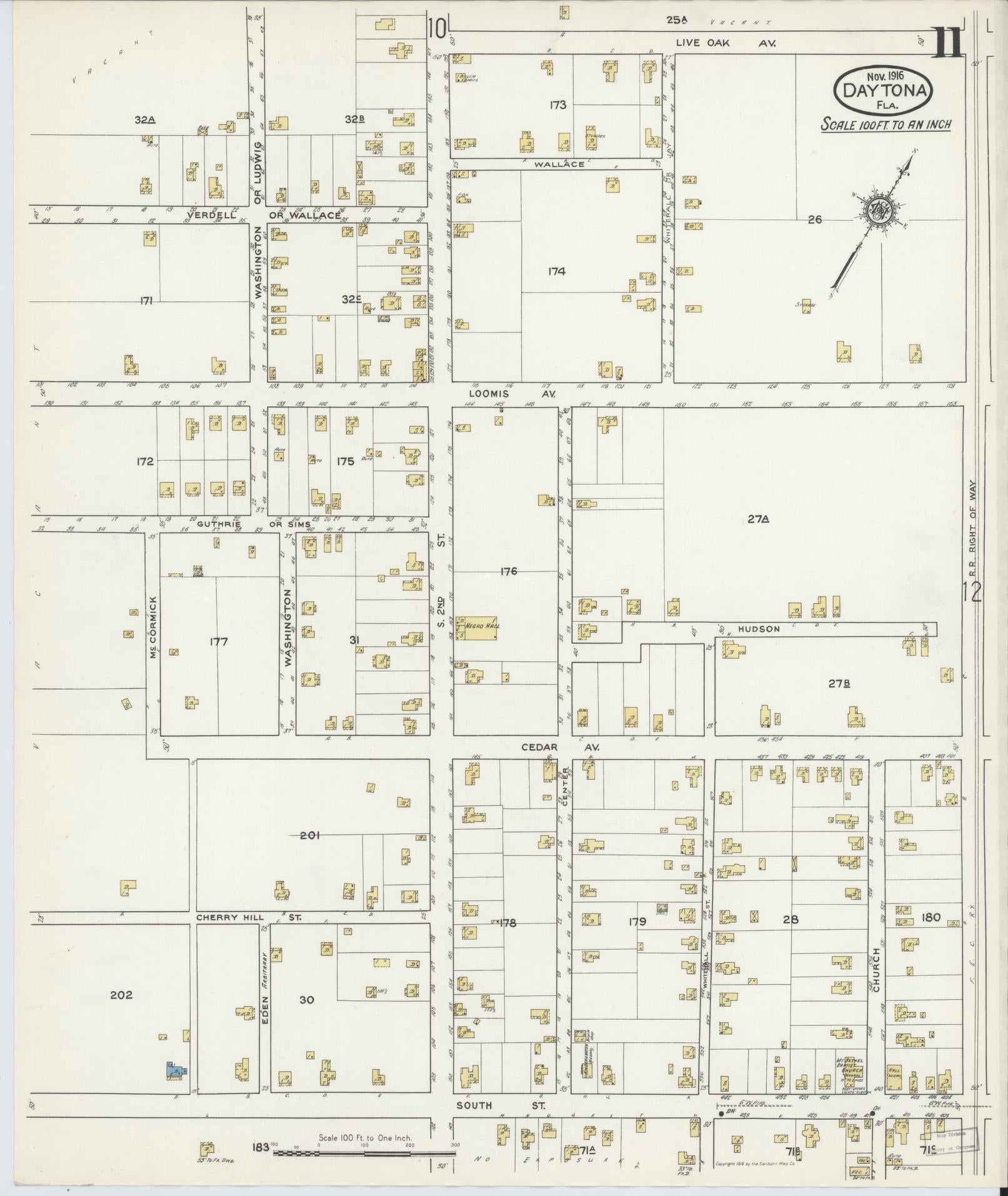 Sanborn Fire Insurance Map from Daytona, Volusia County, Florida (1916), Sheet #0011 - Complete Map Set gallery image, historic Sanborn map, vintage wall art, Florida Florida