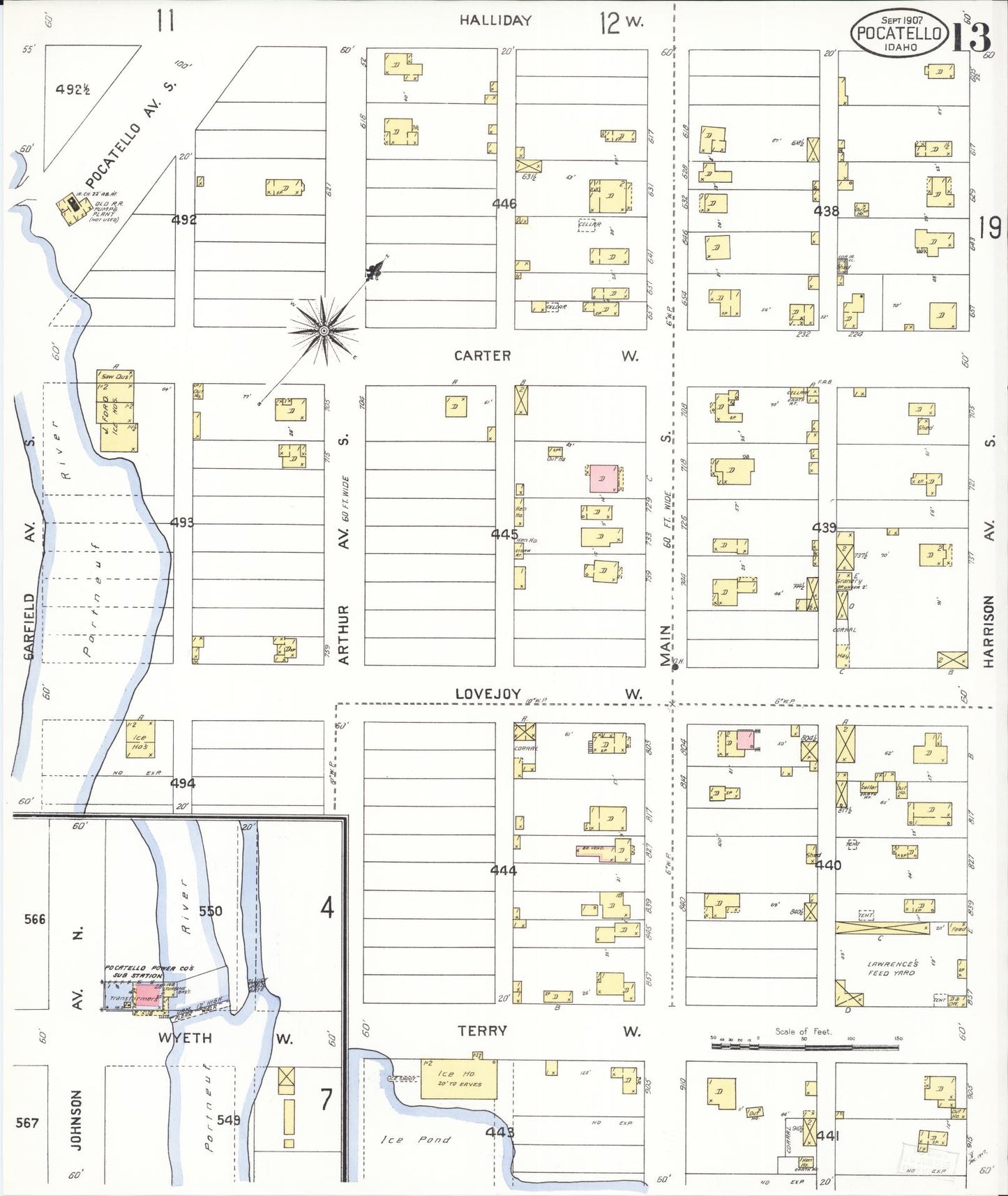 Sanborn Fire Insurance Map from Pocatello, Bannock County, Idaho (1907), Sheet #0013 - Complete Map Set gallery image, historic Sanborn map, vintage wall art, Idaho Idaho