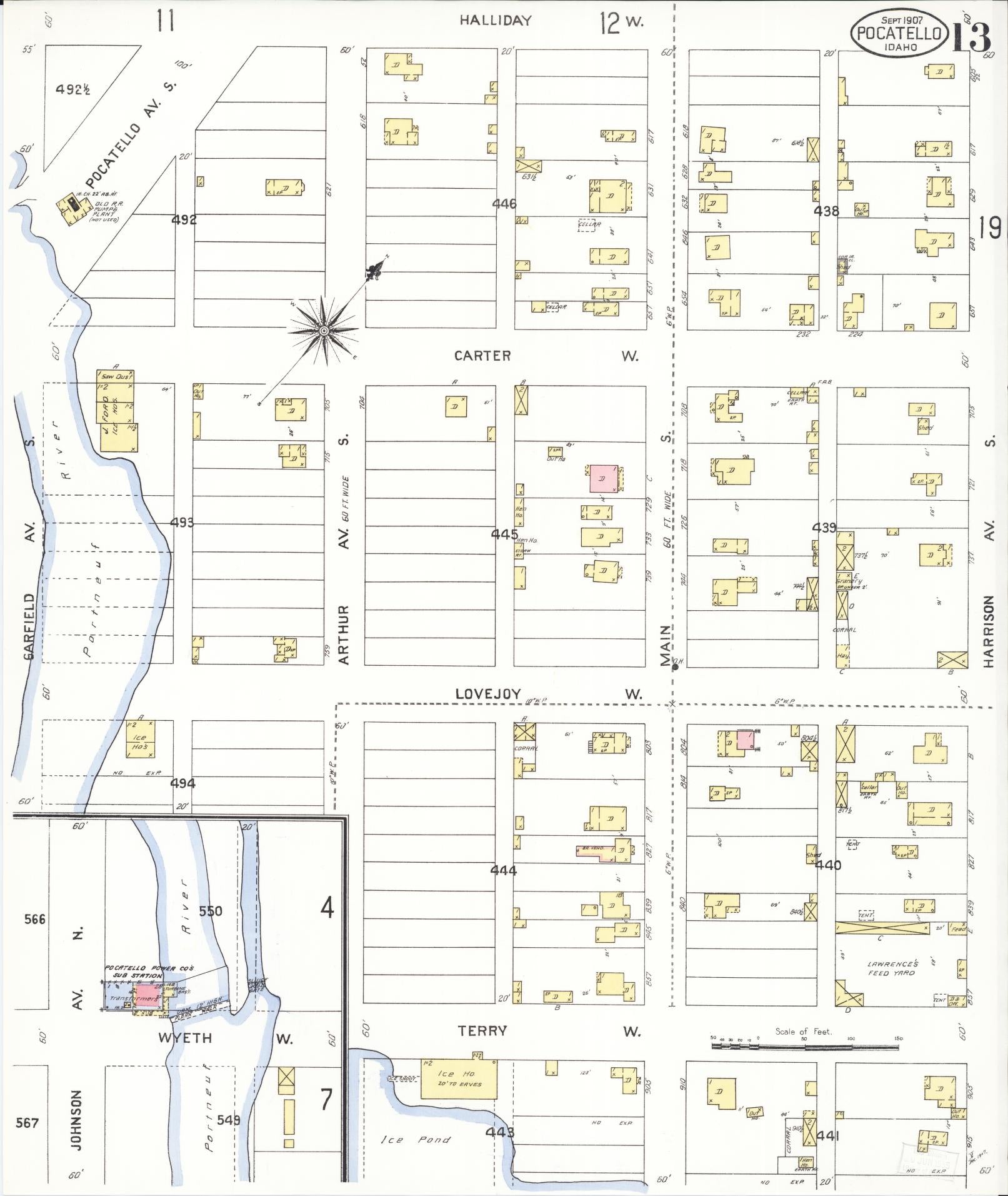 Sanborn Fire Insurance Map from Pocatello, Bannock County, Idaho (1907), Sheet #0013 - Complete Map Set gallery image, historic Sanborn map, vintage wall art, Idaho Idaho