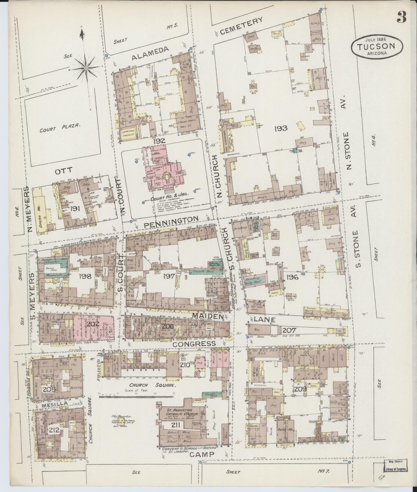 Sanborn Fire Insurance Map from Tucson, Pima County, Arizona (1886), Sheet #0003 - Complete Map Set gallery image, historic Sanborn map, vintage wall art, Arizona Arizona