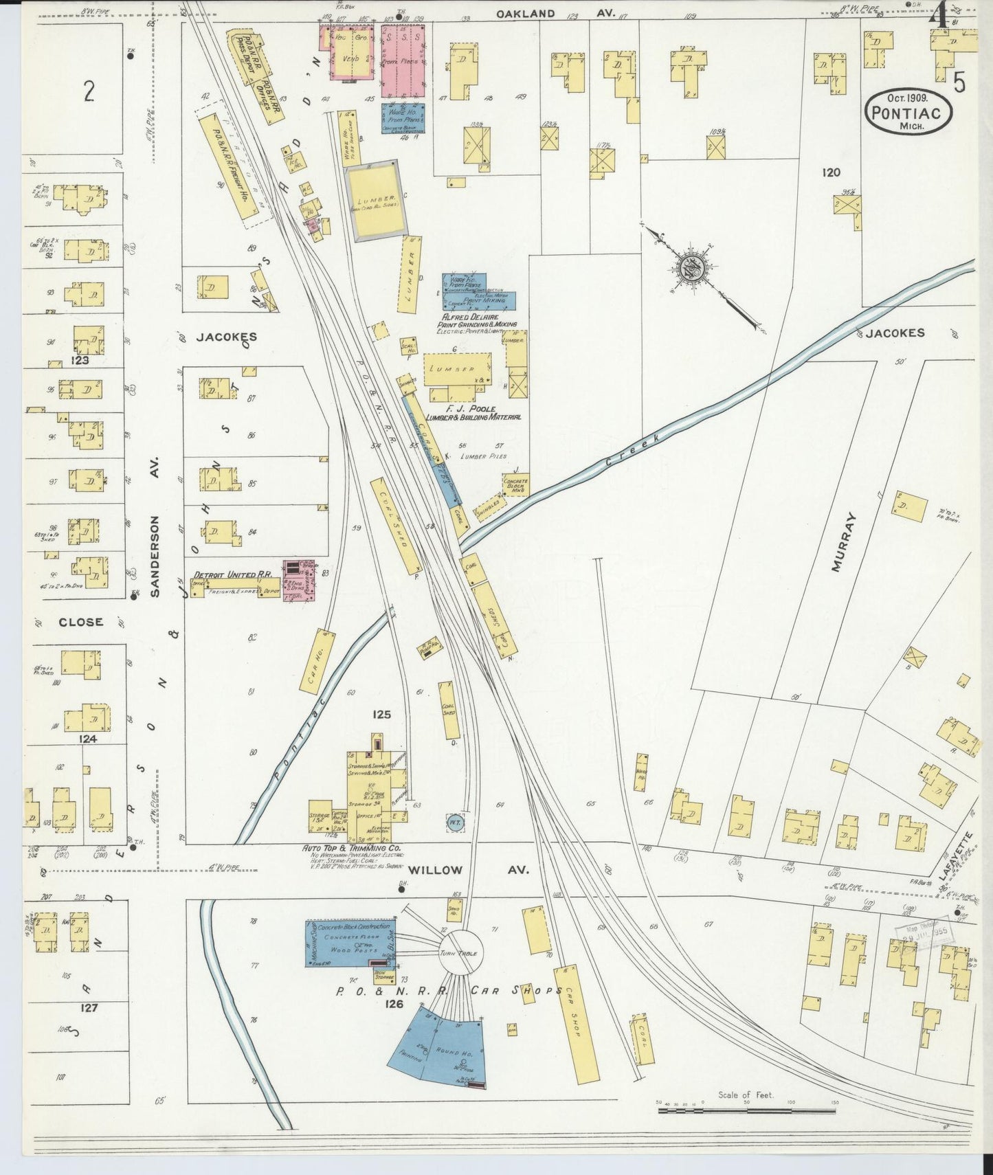 Sanborn Fire Insurance Map from Pontiac, Oakland County, Michigan (1909), Sheet #0004 - Complete Map Set gallery image, historic Sanborn map, vintage wall art, Michigan Michigan