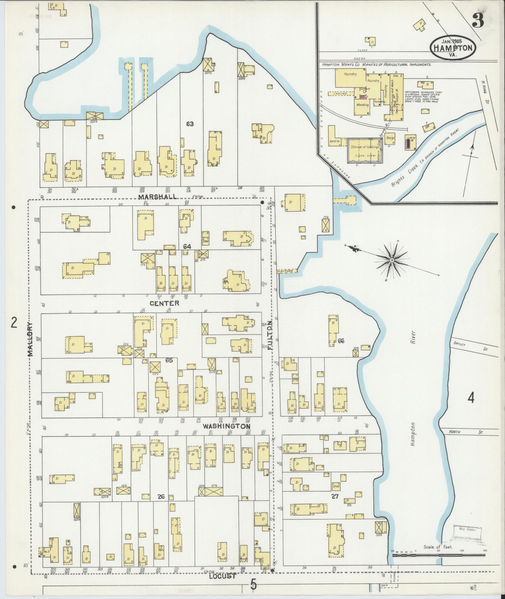 Sanborn Fire Insurance Map from Hampton, Independent Cities, Virginia (1905), Sheet #0003 - Complete Map Set gallery image, historic Sanborn map, vintage wall art, Virginia Virginia