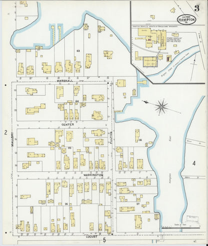 Sanborn Fire Insurance Map from Hampton, Independent Cities, Virginia (1905), Sheet #0003 - Complete Map Set gallery image, historic Sanborn map, vintage wall art, Virginia Virginia