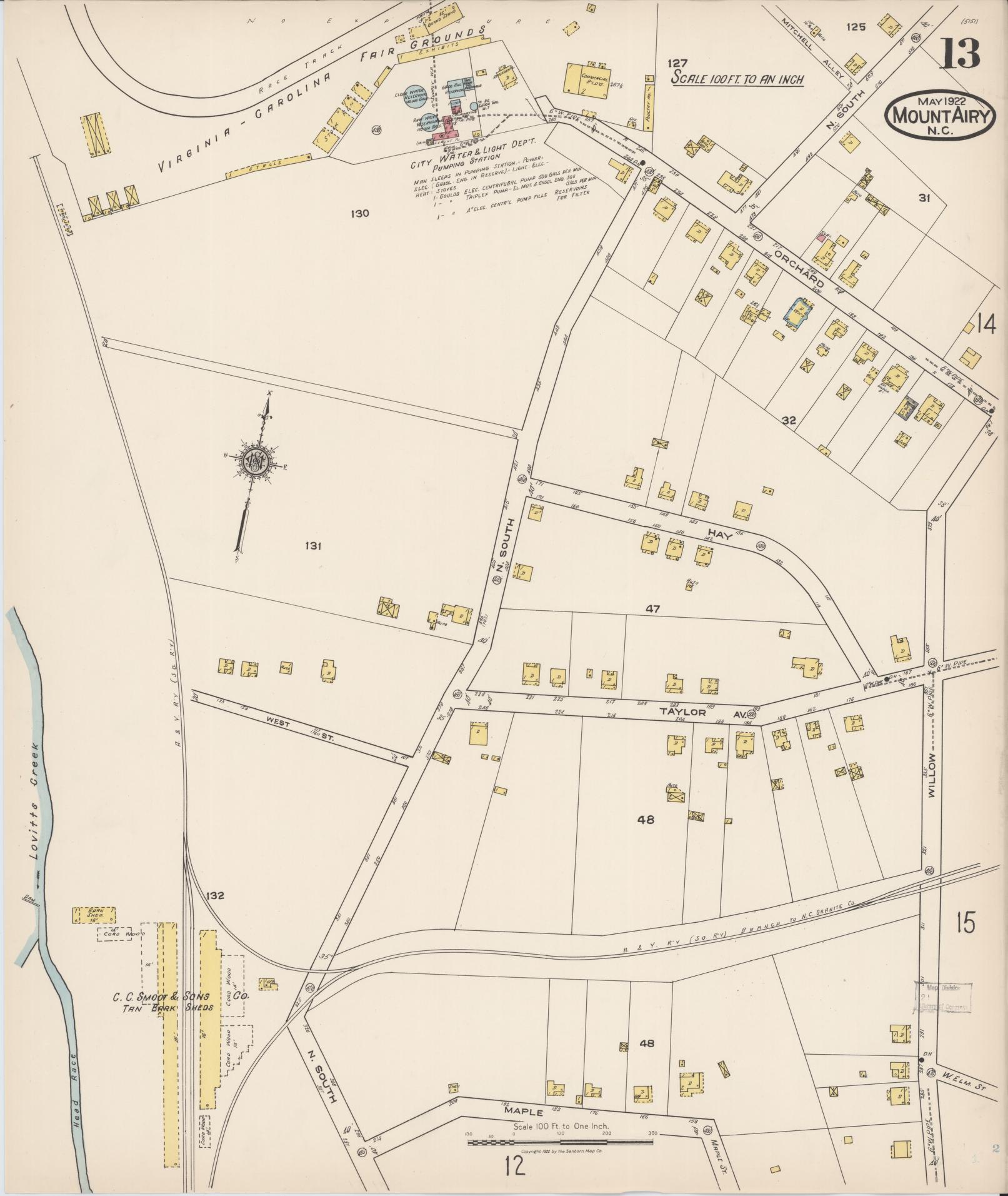 Sanborn Fire Insurance Map from Mount Airy, Surry County, North Carolina (1922), Sheet #0013 - Complete Map Set gallery image, historic Sanborn map, vintage wall art, North Carolina North Carolina