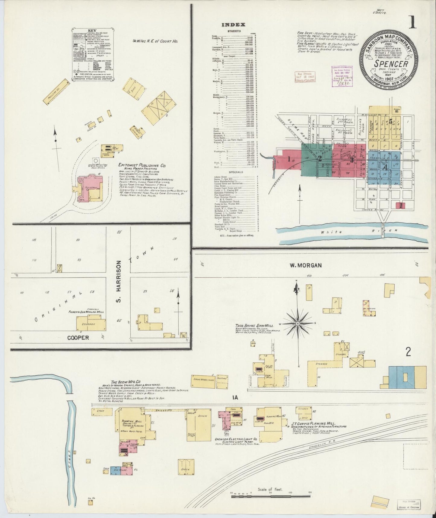 Sanborn Fire Insurance Map from Spencer, Owen County, Indiana (1907), Sheet #0001 - Historic Sanborn Fire Insurance Map Print, vintage old map wall art, antique decor, genealogy gift, Indiana Indiana map