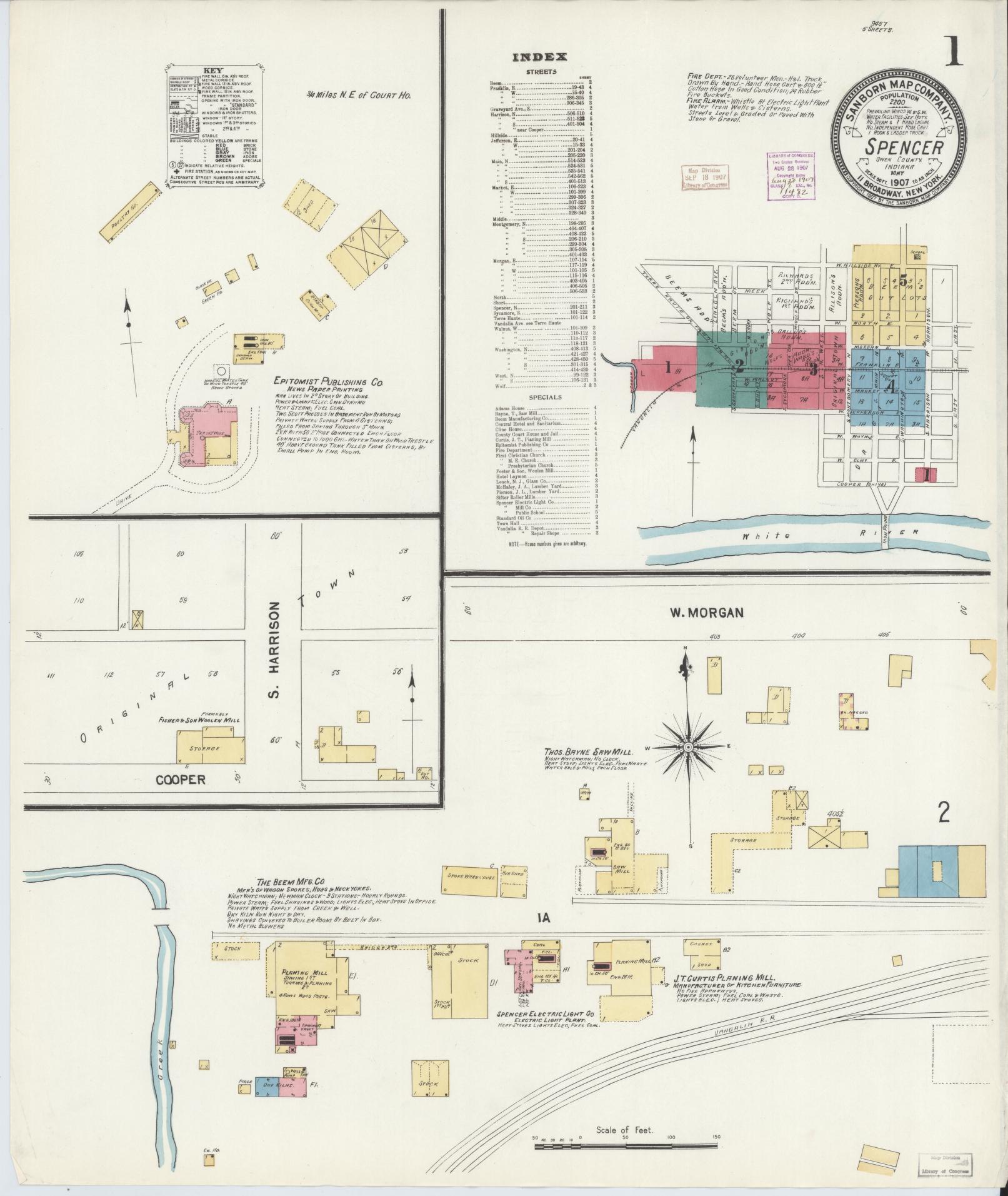 Sanborn Fire Insurance Map from Spencer, Owen County, Indiana (1907), Sheet #0001 - Historic Sanborn Fire Insurance Map Print, vintage old map wall art, antique decor, genealogy gift, Indiana Indiana map