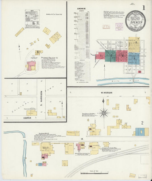 Sanborn Fire Insurance Map from Spencer, Owen County, Indiana (1907), Sheet #0001 - Historic Sanborn Fire Insurance Map Print, vintage old map wall art, antique decor, genealogy gift, Indiana Indiana map