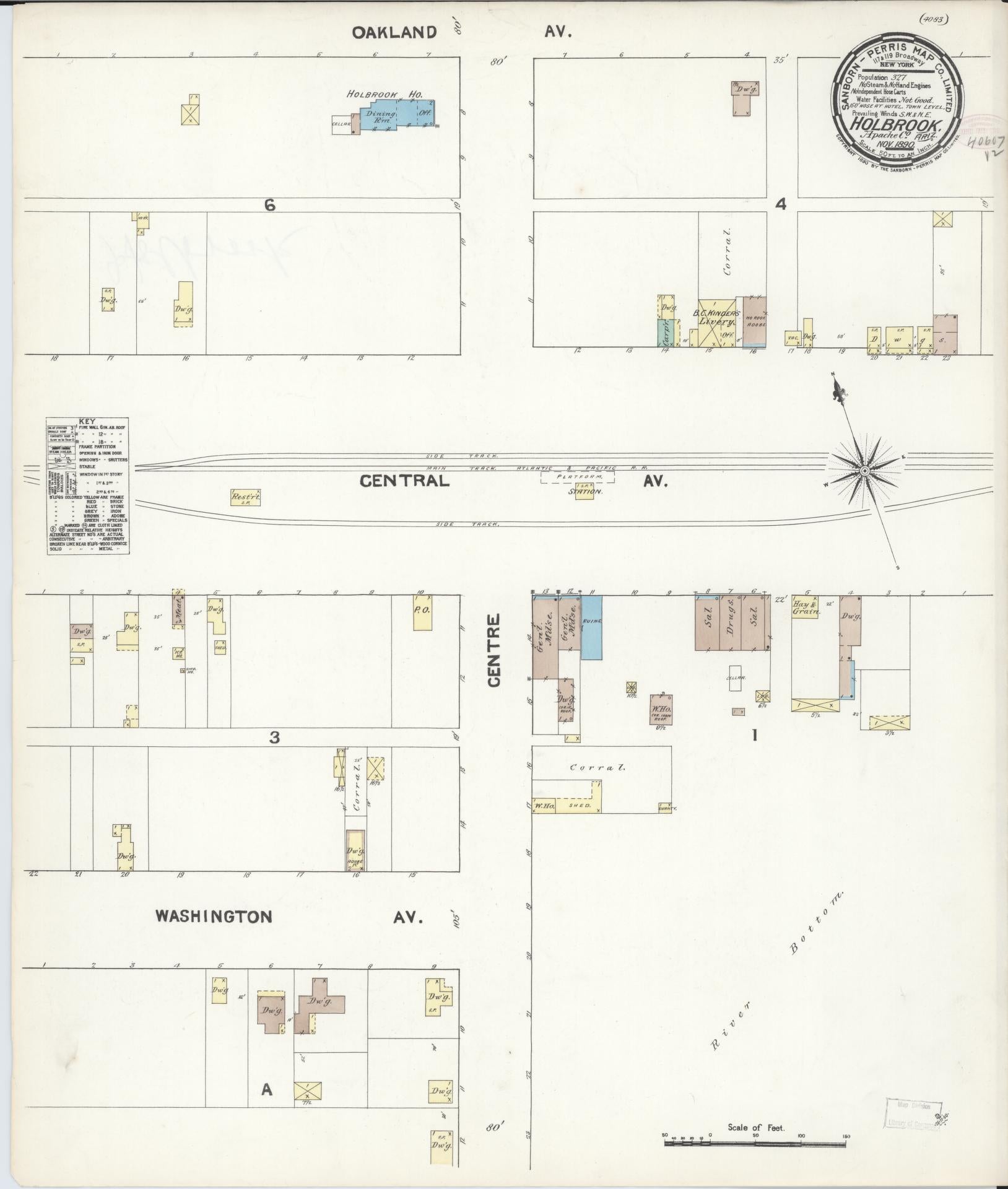 Sanborn Fire Insurance Map from Holbrook, Navajo County, Arizona (1890), Sheet #0001 - Historic Sanborn Fire Insurance Map Print, vintage old map wall art, antique decor, genealogy gift, Arizona Arizona map