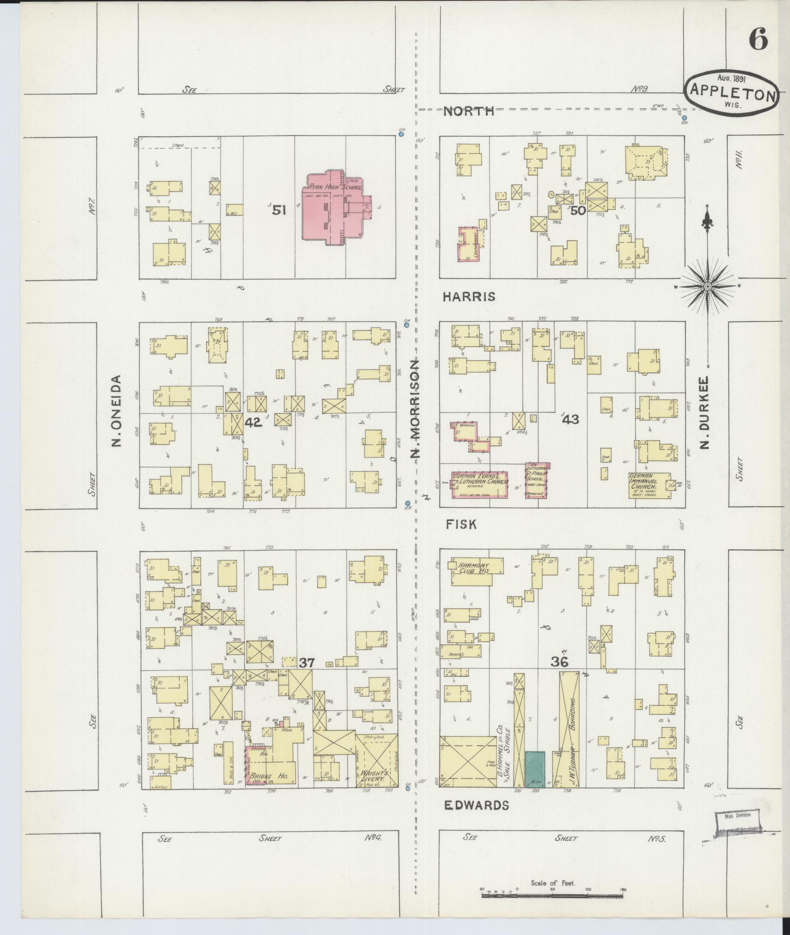 Sanborn Fire Insurance Map from Appleton, Outagamie County, Wisconsin (1891), Sheet #0006 - Historic Sanborn Fire Insurance Map Print, vintage old map wall art, antique decor, genealogy gift, Wisconsin Wisconsin map