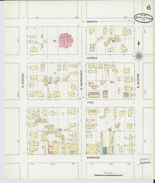 Sanborn Fire Insurance Map from Appleton, Outagamie County, Wisconsin (1891), Sheet #0006 - Historic Sanborn Fire Insurance Map Print, vintage old map wall art, antique decor, genealogy gift, Wisconsin Wisconsin map