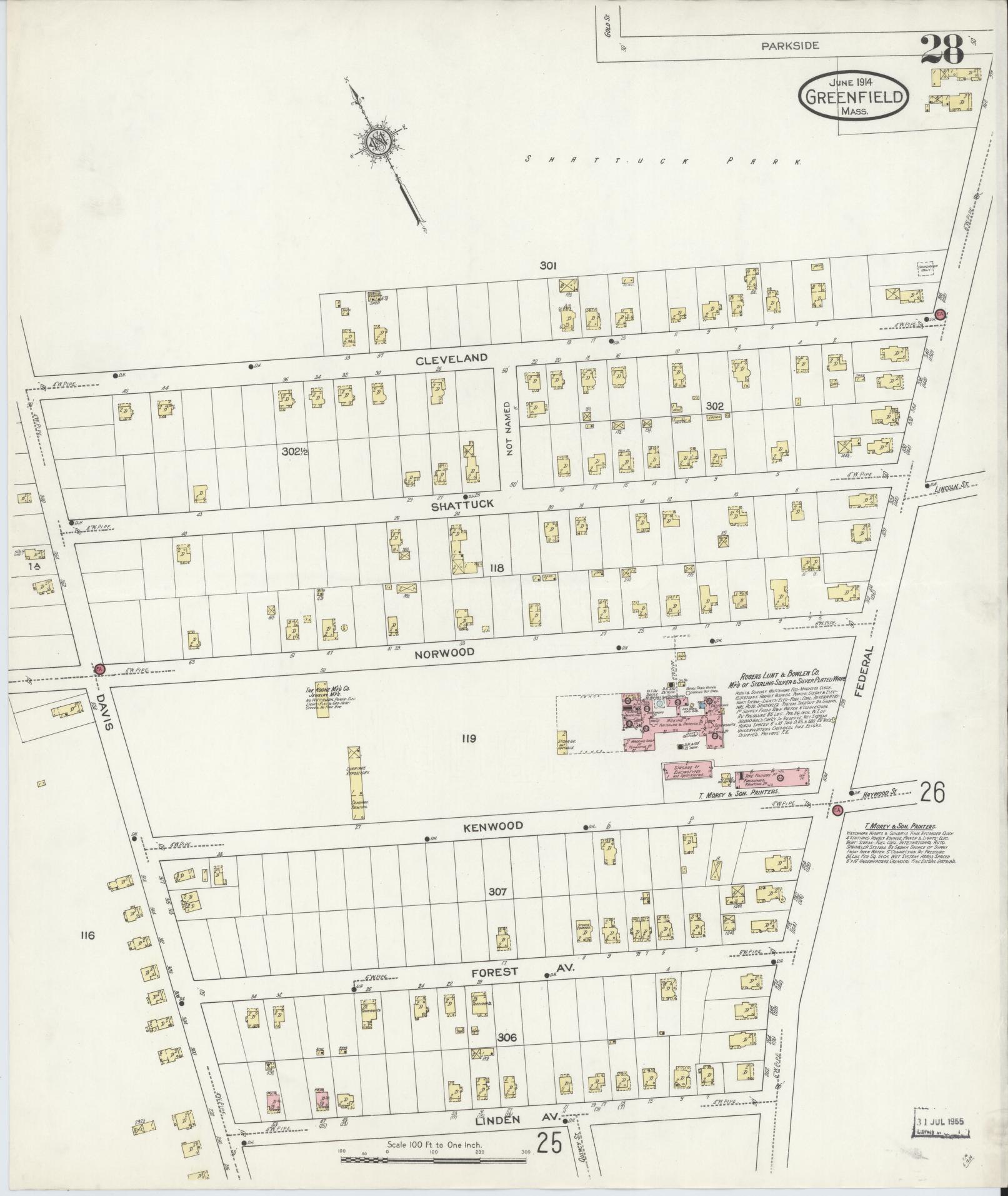Sanborn Fire Insurance Map from Greenfield, Franklin County, Massachusetts (1914), Sheet #0028 - Complete Map Set gallery image, historic Sanborn map, vintage wall art, Massachusetts Massachusetts