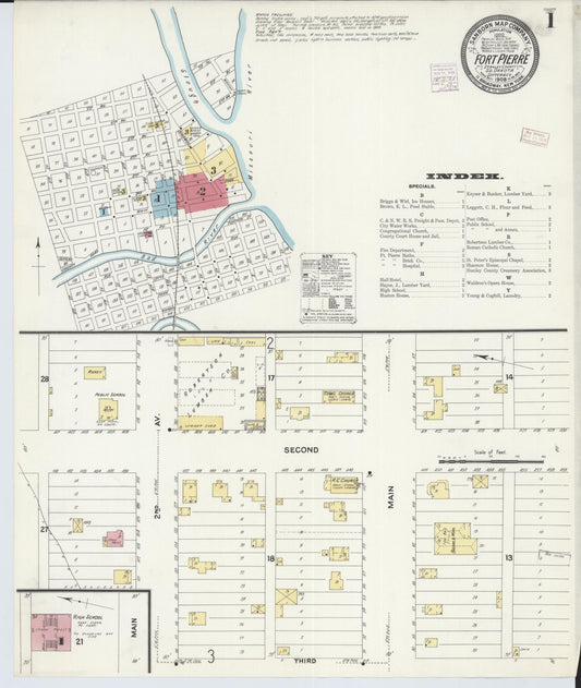Sanborn Fire Insurance Map from Fort Pierre, Stanley County, South Dakota (1908), Sheet #0001 - Historic Sanborn Fire Insurance Map Print, vintage old map wall art, antique decor, genealogy gift, South Dakota South Dakota map