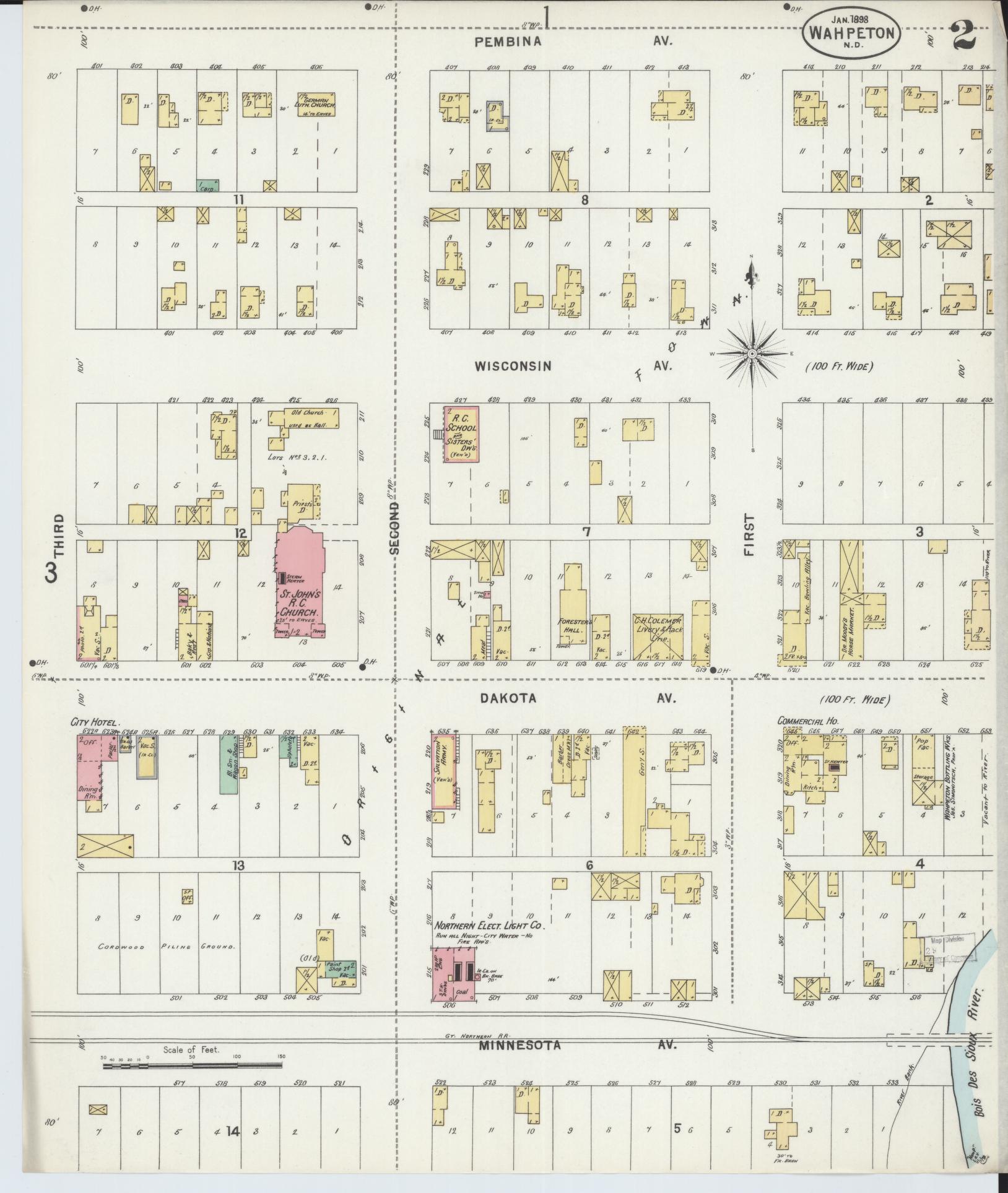 Sanborn Fire Insurance Map from Wahpeton, Richland County, North Dakota (1898), Sheet #0002 - Historic Sanborn Fire Insurance Map Print, vintage old map wall art, antique decor, genealogy gift, North Dakota North Dakota map