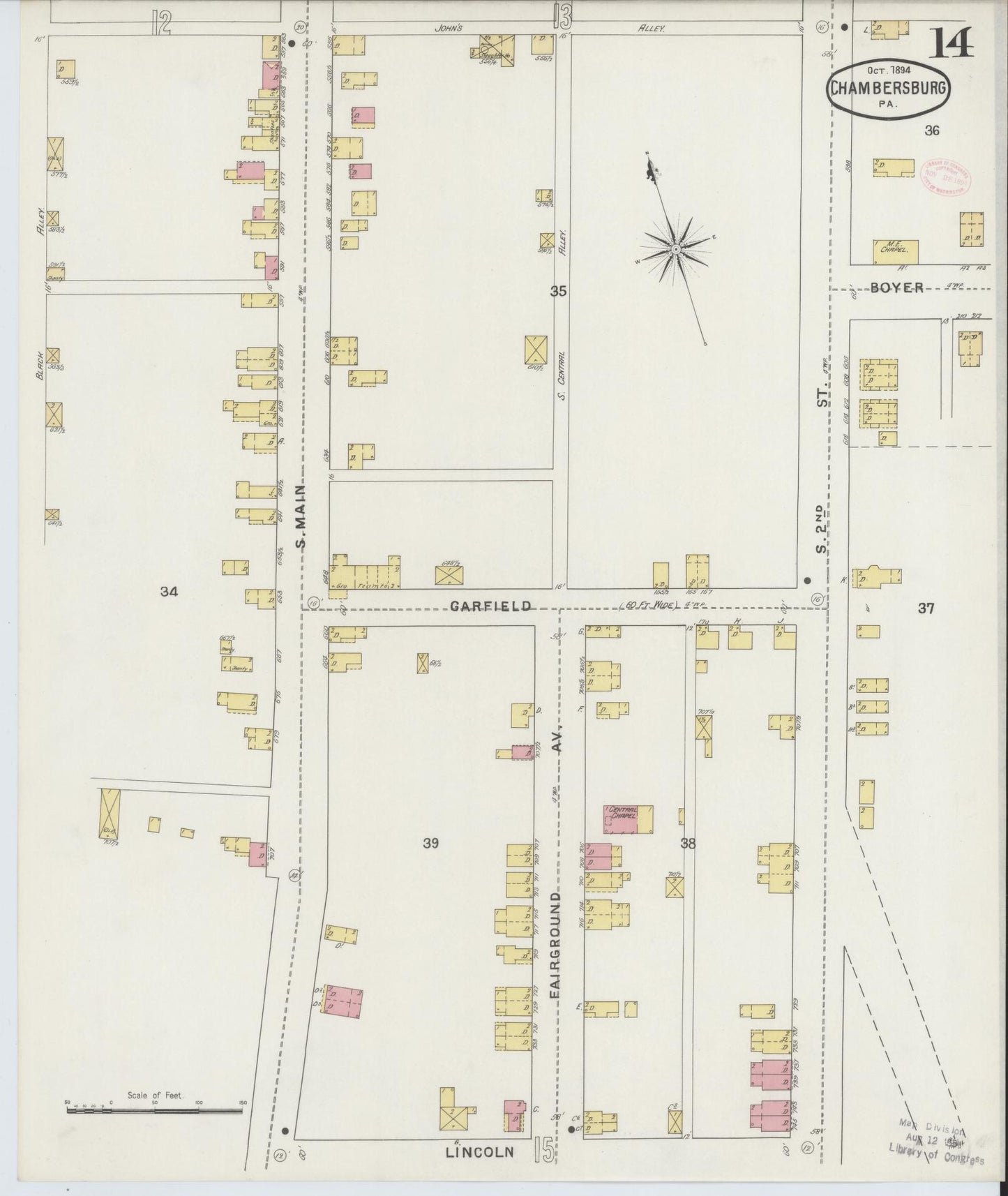 Sanborn Fire Insurance Map from Chambersburg, Franklin County, Pennsylvania (1894), Sheet #0014 - Historic Sanborn Fire Insurance Map Print, vintage old map wall art, antique decor, genealogy gift, Pennsylvania Pennsylvania map