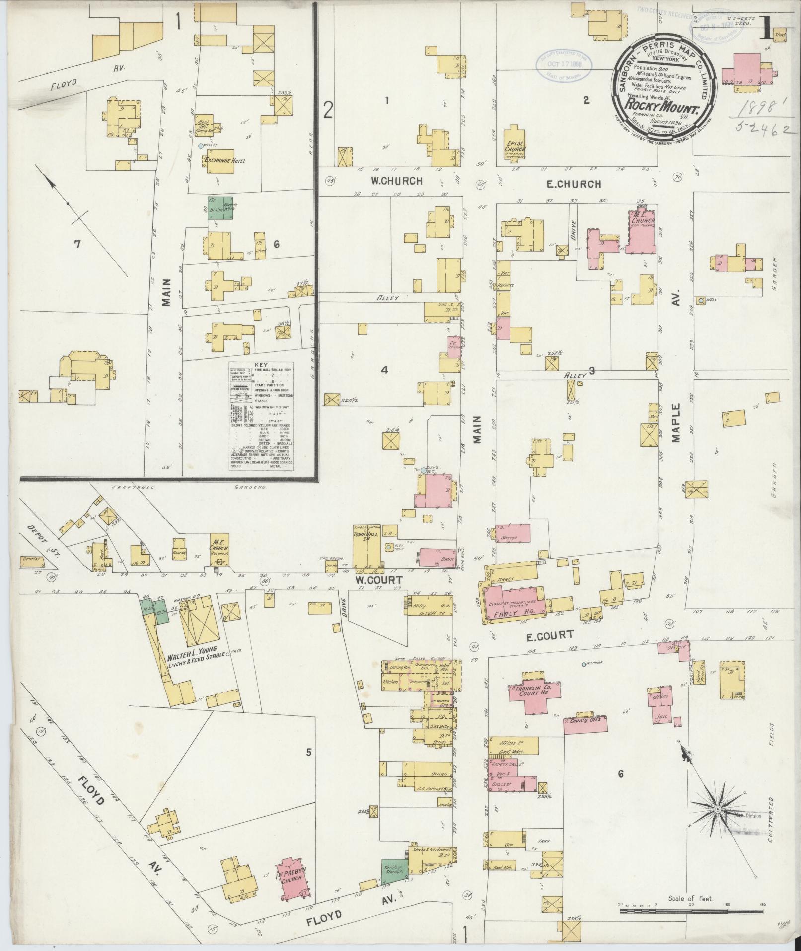 Sanborn Fire Insurance Map from Rocky Mount, Franklin County, Virginia. (1898) – Historic Sanborn Fire Insurance Map Print