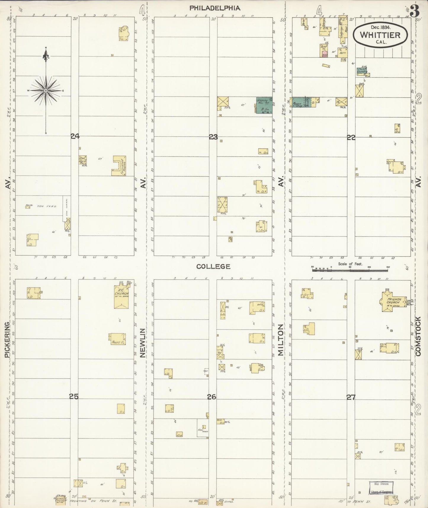 Sanborn Fire Insurance Map from Whittier, Los Angeles County, California (1894), Sheet #0003 - Complete Map Set gallery image, historic Sanborn map, vintage wall art, California California