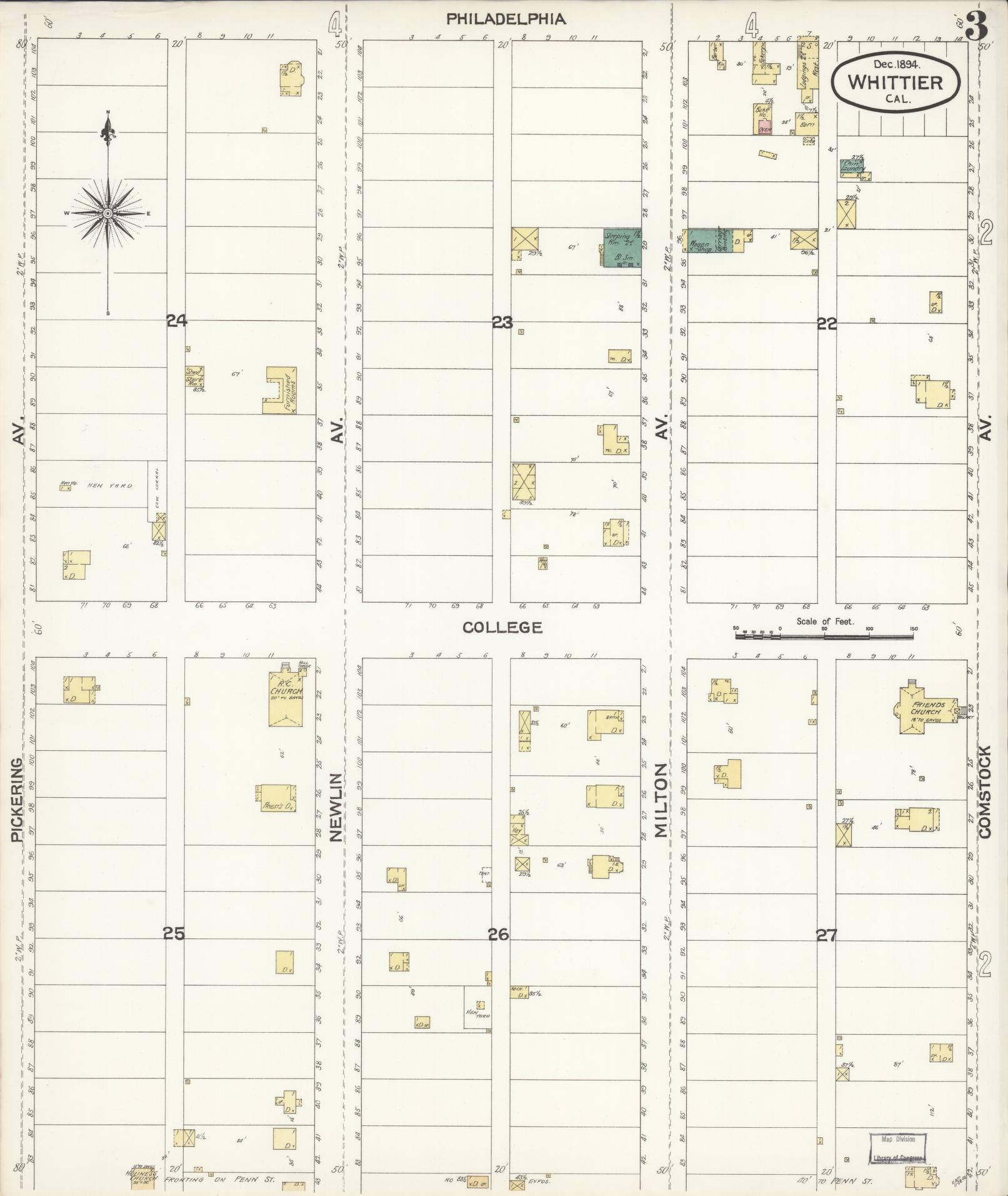 Sanborn Fire Insurance Map from Whittier, Los Angeles County, California (1894), Sheet #0003 - Complete Map Set gallery image, historic Sanborn map, vintage wall art, California California
