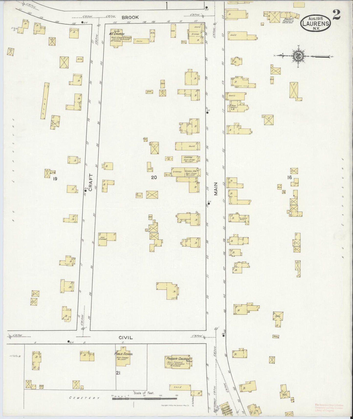 Sanborn Fire Insurance Map from Laurens, Otsego County, New York (1916), Sheet #0002 - Historic Sanborn Fire Insurance Map Print, vintage old map wall art, antique decor, genealogy gift, New York New York map