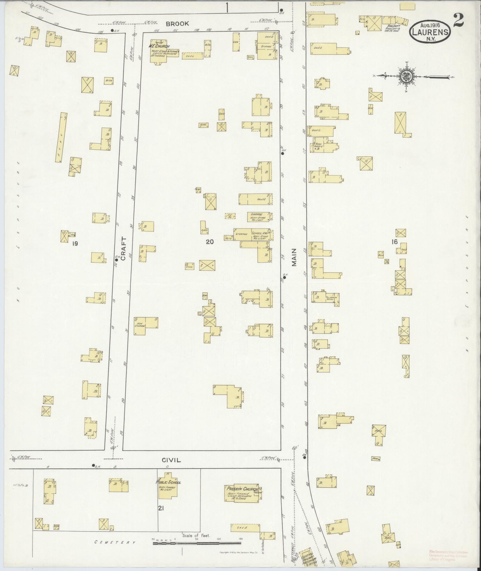 Sanborn Fire Insurance Map from Laurens, Otsego County, New York (1916), Sheet #0002 - Historic Sanborn Fire Insurance Map Print, vintage old map wall art, antique decor, genealogy gift, New York New York map