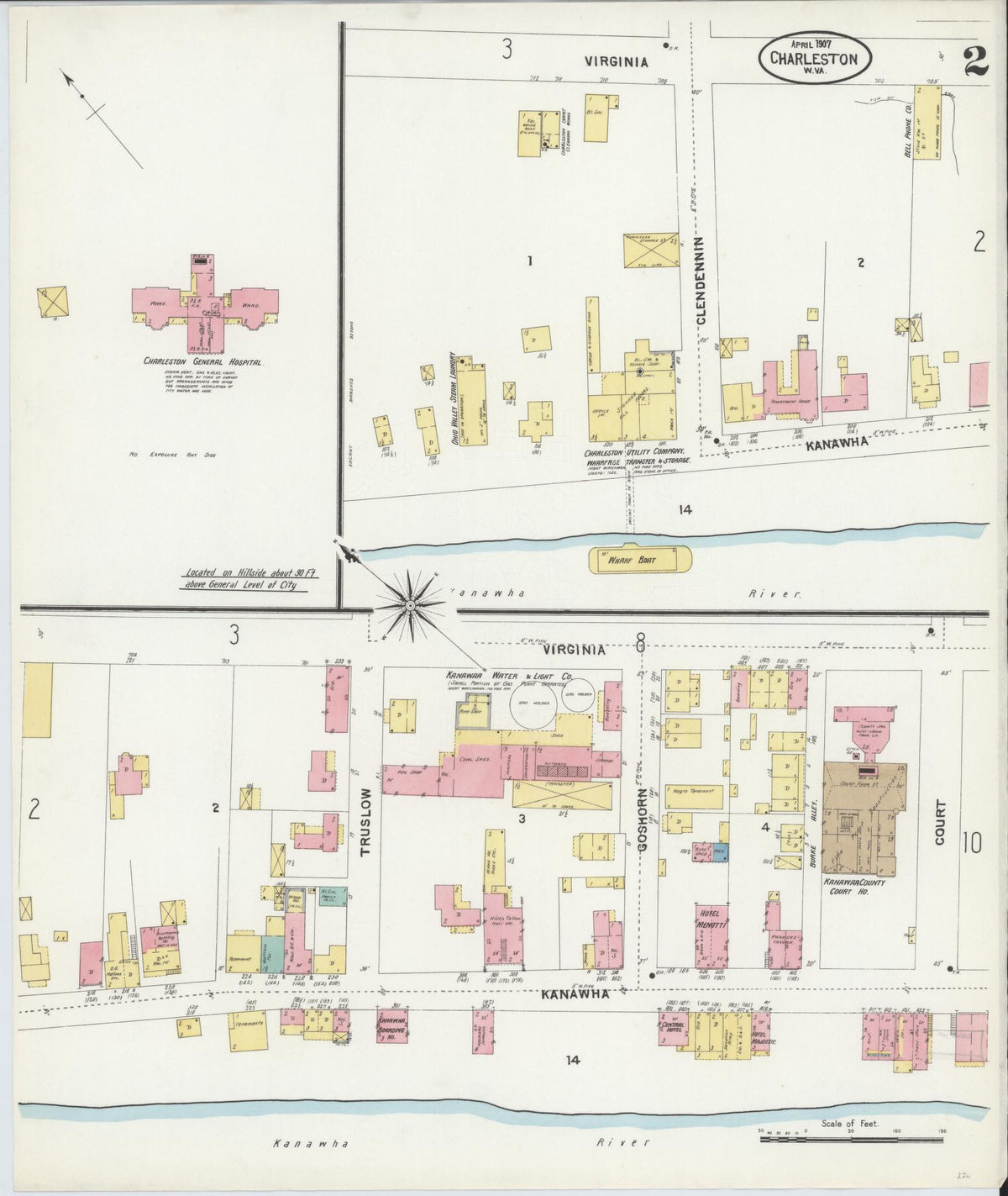 Sanborn Fire Insurance Map from Charleston, Kanawha County, West Virginia (1907), Sheet #0002 - Complete Map Set gallery image, historic Sanborn map, vintage wall art, West Virginia West Virginia