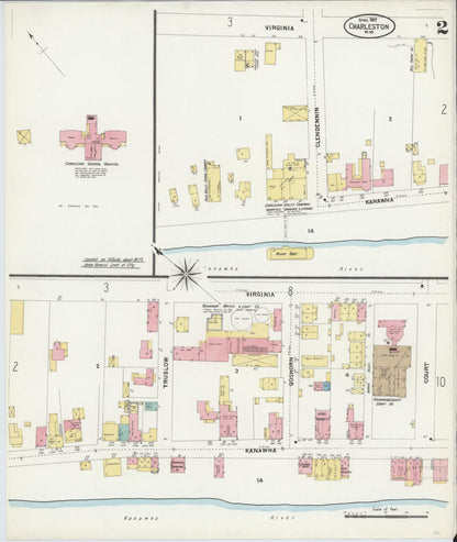 Sanborn Fire Insurance Map from Charleston, Kanawha County, West Virginia (1907), Sheet #0002 - Complete Map Set gallery image, historic Sanborn map, vintage wall art, West Virginia West Virginia
