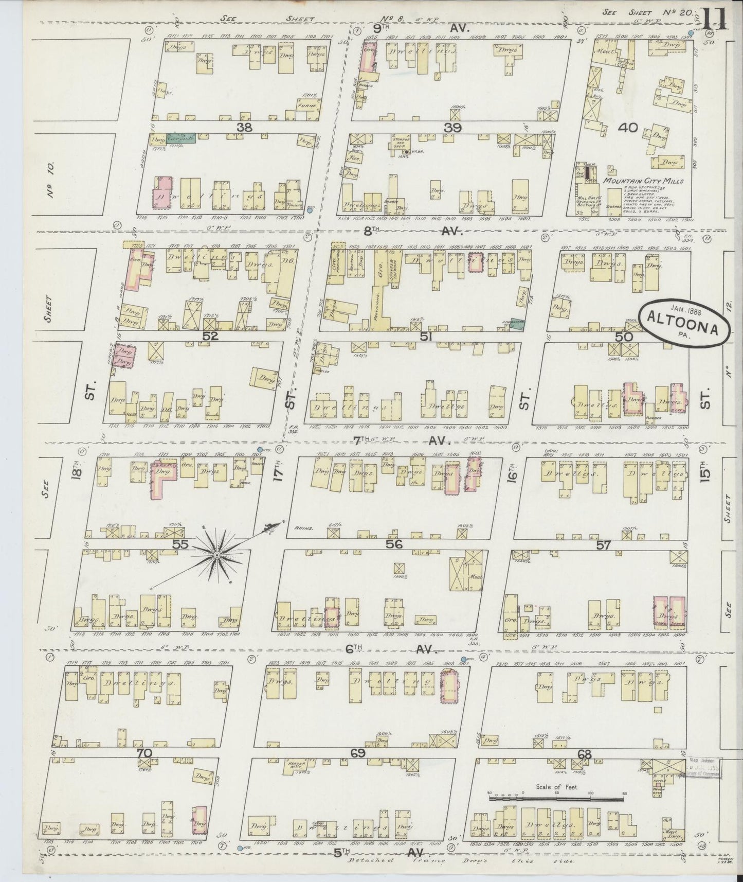 Sanborn Fire Insurance Map from Altoona, Blair County, Pennsylvania (1888), Sheet #0011 - Historic Sanborn Fire Insurance Map Print, vintage old map wall art, antique decor, genealogy gift, Pennsylvania Pennsylvania map