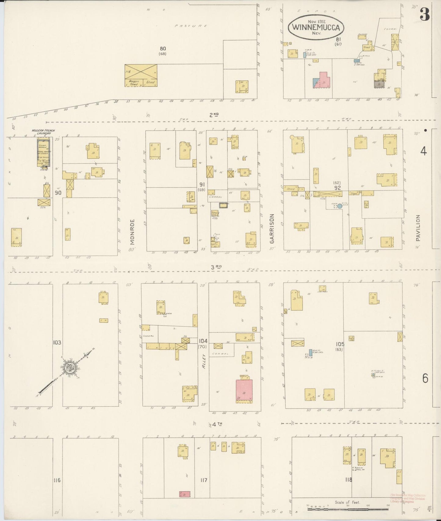 Sanborn Fire Insurance Map from Winnemucca, Humboldt County, Nevada (1912), Sheet #0003 - Historic Sanborn Fire Insurance Map Print, vintage old map wall art, antique decor, genealogy gift, Nevada Nevada map