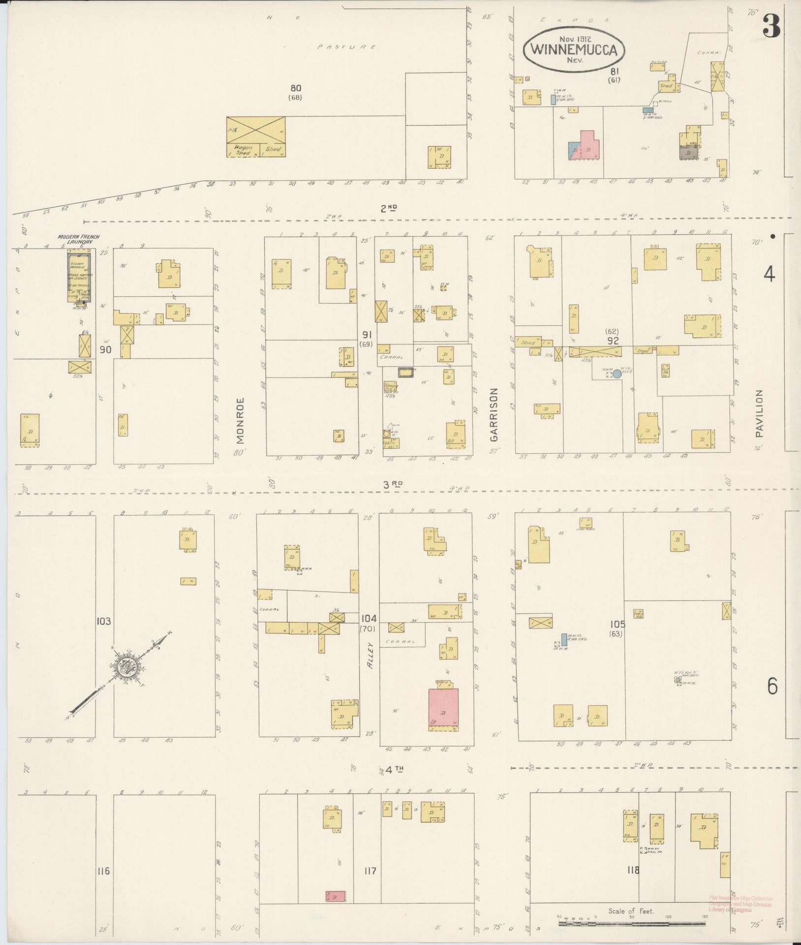 Sanborn Fire Insurance Map from Winnemucca, Humboldt County, Nevada (1912), Sheet #0003 - Historic Sanborn Fire Insurance Map Print, vintage old map wall art, antique decor, genealogy gift, Nevada Nevada map