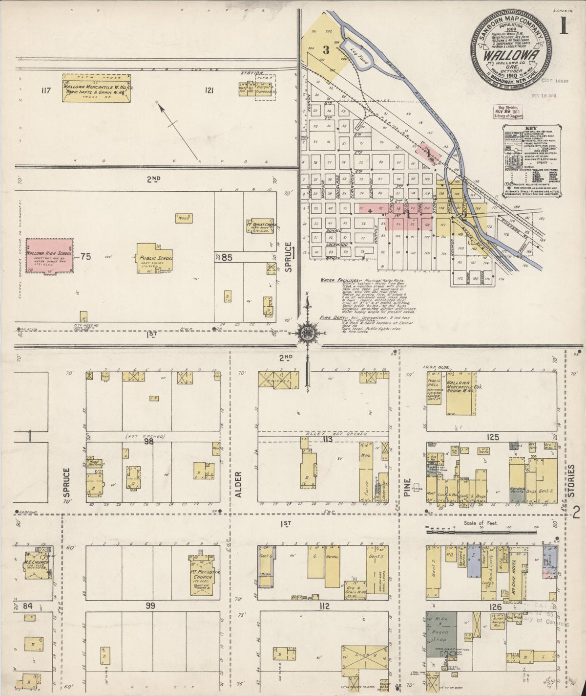 Sanborn Fire Insurance Map from Wallowa, Wallowa County, Oregon (1910), Sheet #0001 - Historic Sanborn Fire Insurance Map Print, vintage old map wall art, antique decor, genealogy gift, Oregon Oregon map