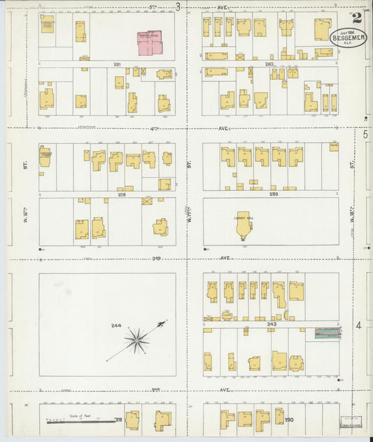 Sanborn Fire Insurance Map from Bessemer, Jefferson County, Alabama (1904), Sheet #0002 - Historic Sanborn Fire Insurance Map Print, vintage old map wall art, antique decor, genealogy gift, Alabama Alabama map