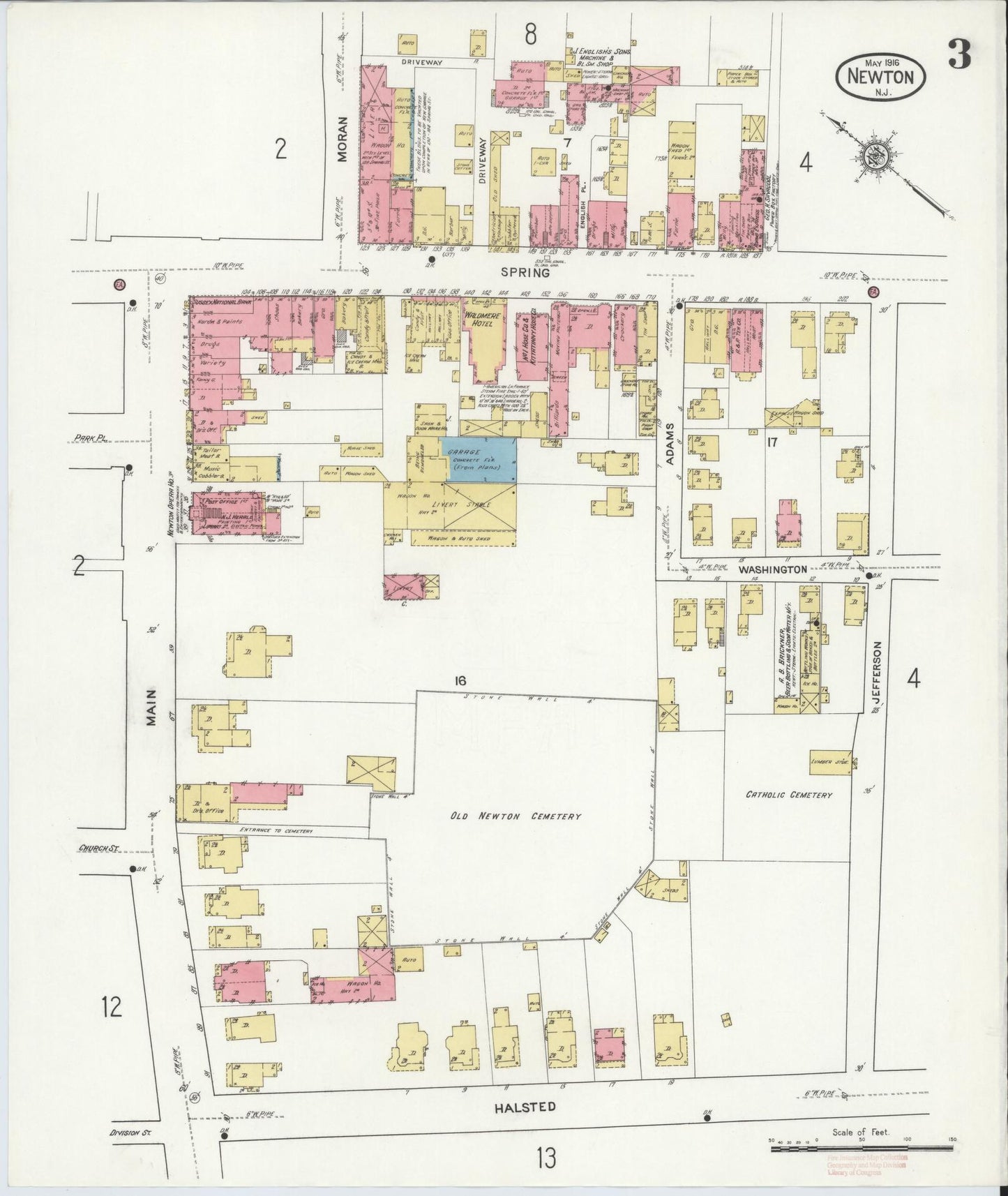 Sanborn Fire Insurance Map from Newton, Sussex County, New Jersey (1916), Sheet #0003 - Historic Sanborn Fire Insurance Map Print, vintage old map wall art, antique decor, genealogy gift, New Jersey New Jersey map