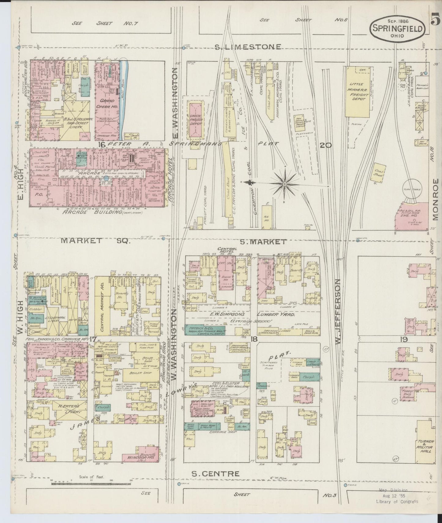 Sanborn Fire Insurance Map from Springfield, Clark County, Ohio (1886), Sheet #0005 - Complete Map Set gallery image, historic Sanborn map, vintage wall art, Ohio Ohio