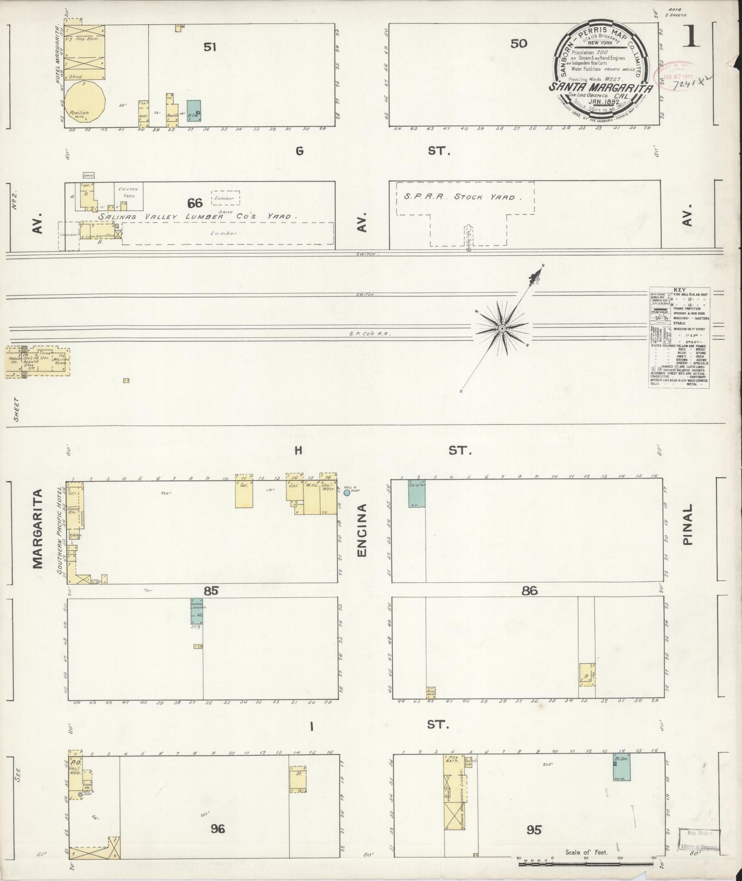 Sanborn Fire Insurance Map from Santa Margarita, San Luis Obispo County, California (1892), Sheet #0001 - Complete Map Set gallery image, historic Sanborn map, vintage wall art, California California
