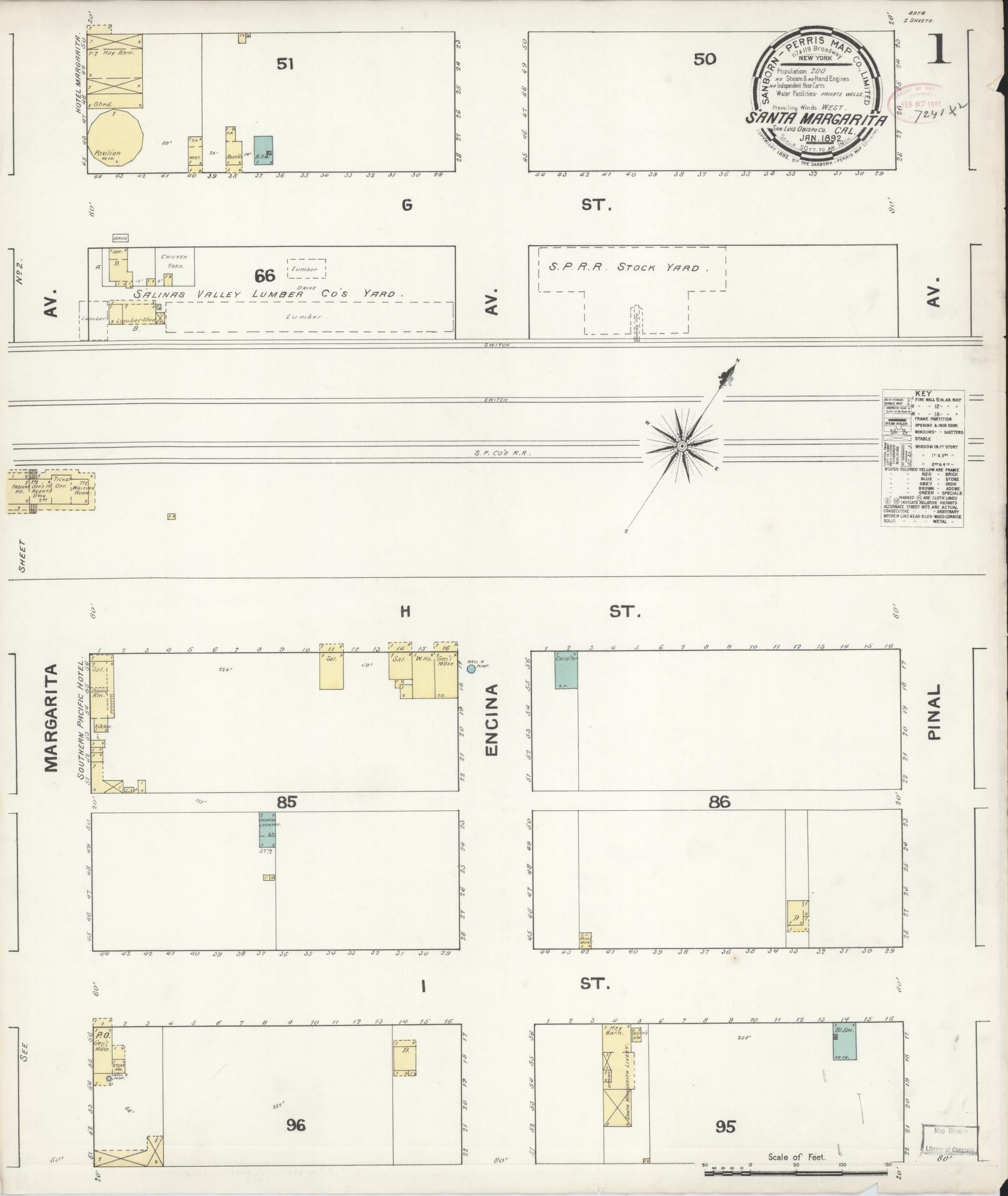 Sanborn Fire Insurance Map from Santa Margarita, San Luis Obispo County, California (1892), Sheet #0001 - Complete Map Set gallery image, historic Sanborn map, vintage wall art, California California
