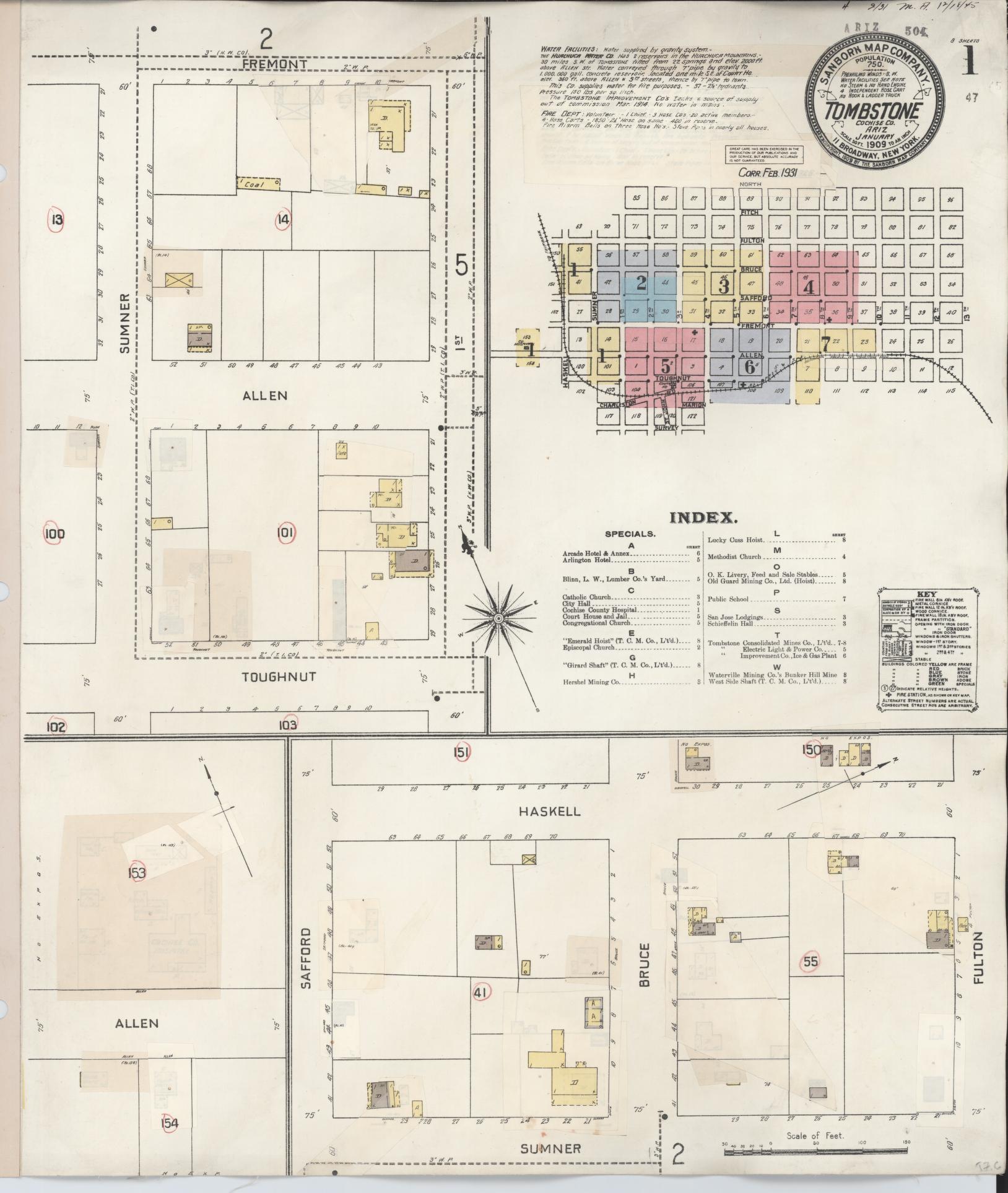 Sanborn Fire Insurance Map from Tombstone, Cochise County, Arizona (1931), Sheet #0001 - Complete Map Set gallery image, historic Sanborn map, vintage wall art, Arizona Arizona