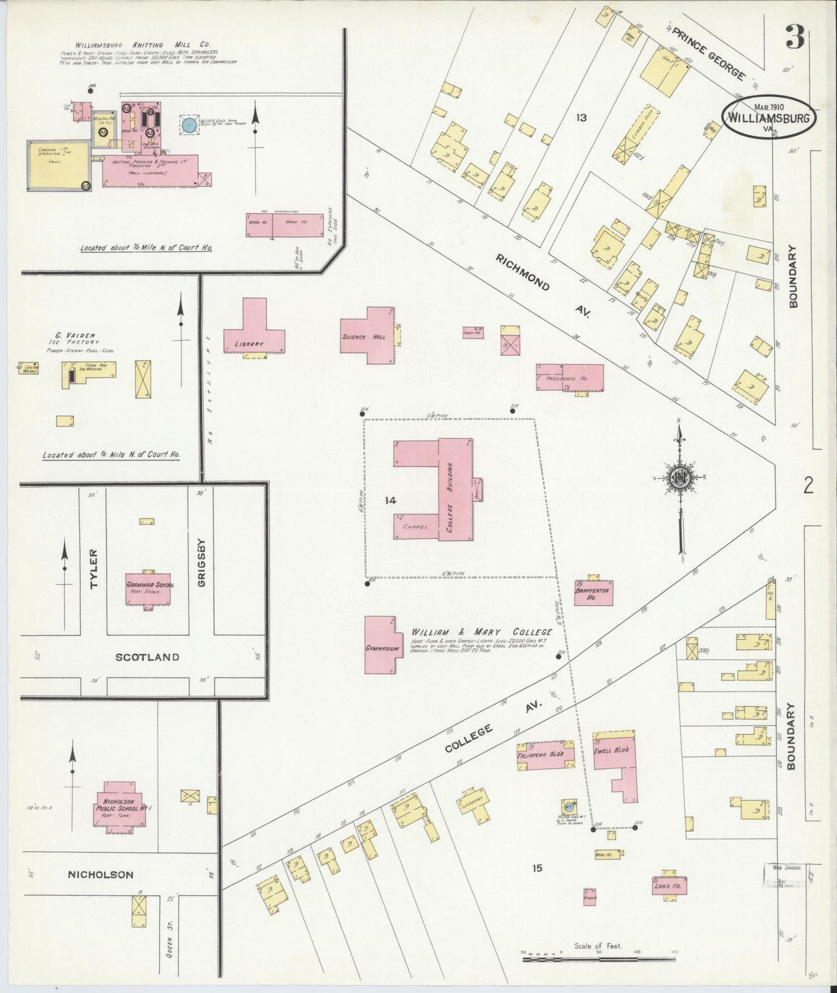 Sanborn Fire Insurance Map from Williamsburg, Independent Cities, Virginia (1910), Sheet #0003 - Historic Sanborn Fire Insurance Map Print, vintage old map wall art, antique decor, genealogy gift, Virginia Virginia map