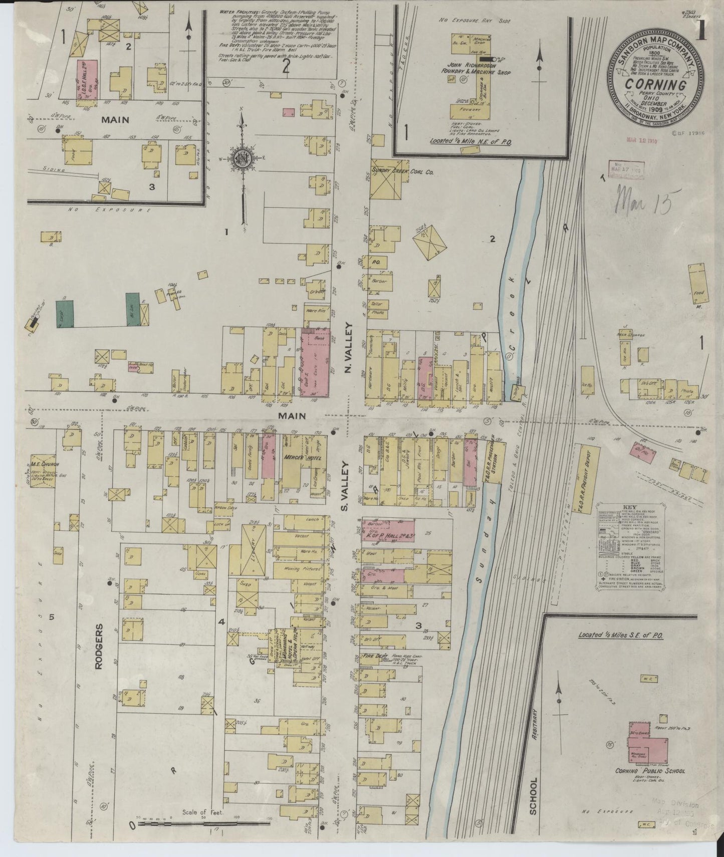 Sanborn Fire Insurance Map from Corning, Perry County, Ohio (1909), Sheet #0001 - Historic Sanborn Fire Insurance Map Print, vintage old map wall art, antique decor, genealogy gift, Ohio Ohio map