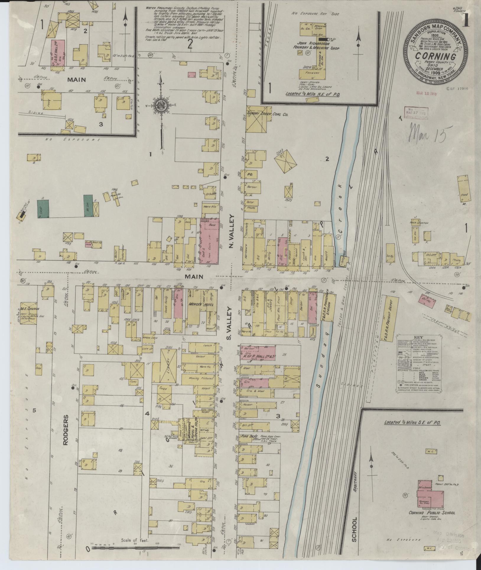 Sanborn Fire Insurance Map from Corning, Perry County, Ohio (1909), Sheet #0001 - Historic Sanborn Fire Insurance Map Print, vintage old map wall art, antique decor, genealogy gift, Ohio Ohio map
