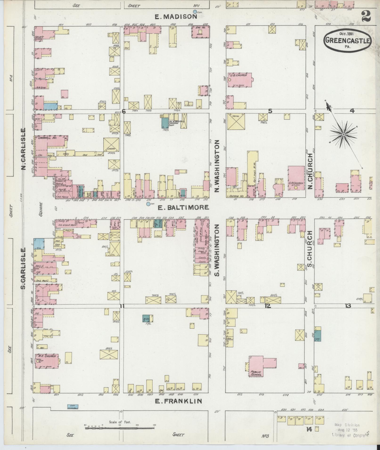 Sanborn Fire Insurance Map from Greencastle, Franklin County, Pennsylvania (1891), Sheet #0002 - Historic Sanborn Fire Insurance Map Print, vintage old map wall art, antique decor, genealogy gift, Pennsylvania Pennsylvania map