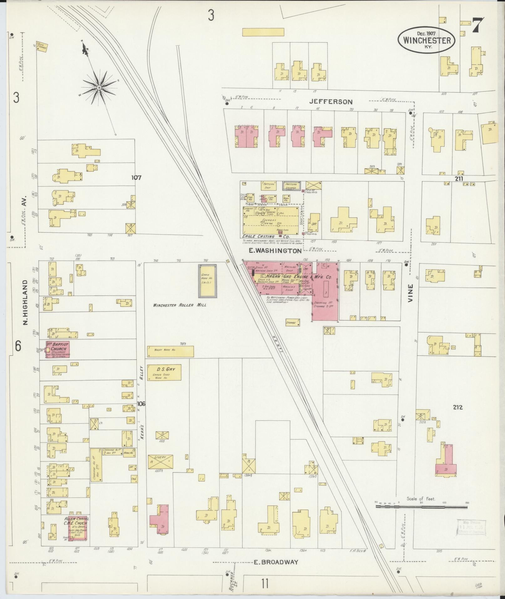 Sanborn Fire Insurance Map from Winchester, Clark County, Kentucky (1907), Sheet #0007 - Historic Sanborn Fire Insurance Map Print, vintage old map wall art, antique decor, genealogy gift, Kentucky Kentucky map