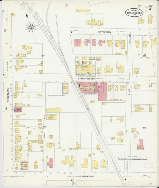 Sanborn Fire Insurance Map from Winchester, Clark County, Kentucky (1907), Sheet #0007 - Historic Sanborn Fire Insurance Map Print, vintage old map wall art, antique decor, genealogy gift, Kentucky Kentucky map